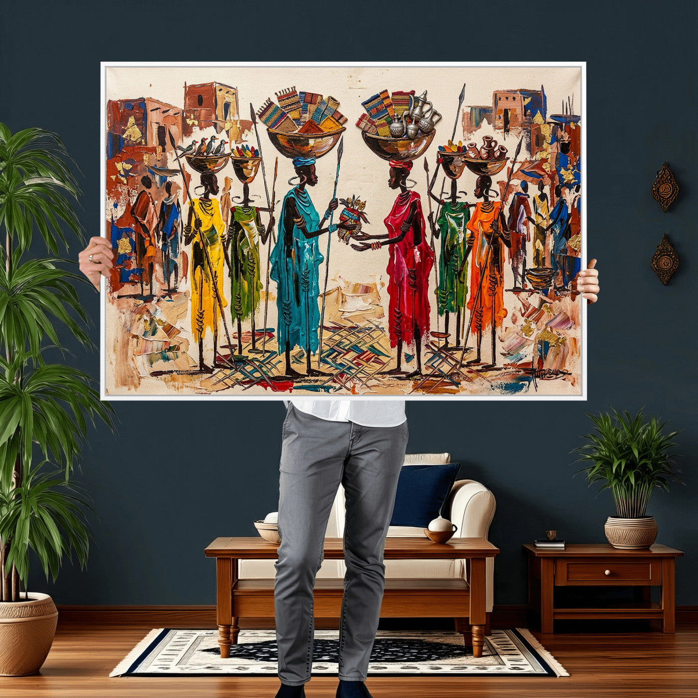54818657-MGV-CV-36X24 - African Folk Art Canvas Wall Art, Colorful African Women Village Painting Print, Tribal Ethnic Home Decor, Vibrant African Art, Living Room