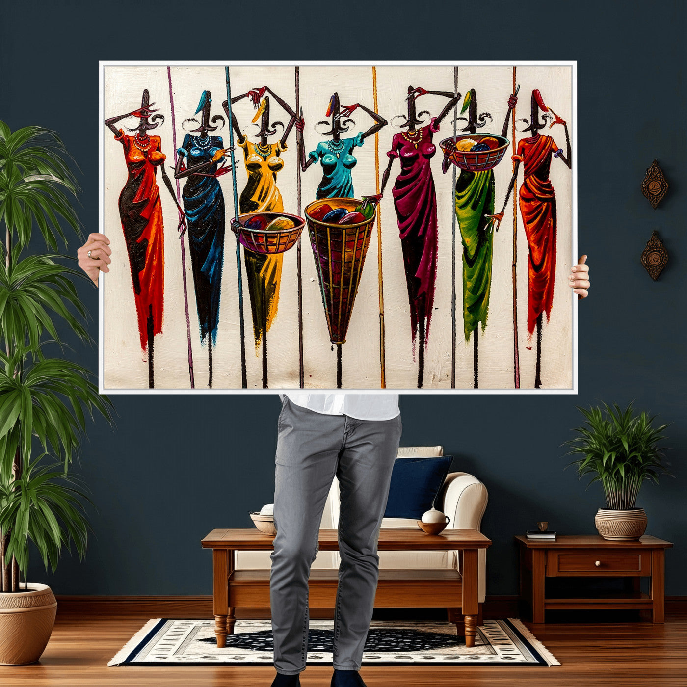 53545627-MGV-CV-36X24 - African Folk Art Canvas Wall Art, Colorful African Women Village Painting Print, Tribal Ethnic Home Decor, Vibrant African Art, Living Room