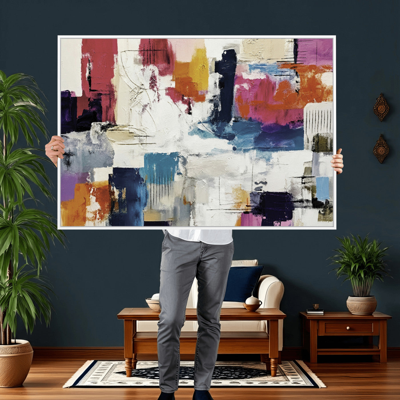 57864023-MGV-CV-36X24 - Blue Teal Abstract Canvas Wall Art, Modern Textured Painting Print, Navy Orange White Contemporary Art, Neutral Living Room Decor, Office Art