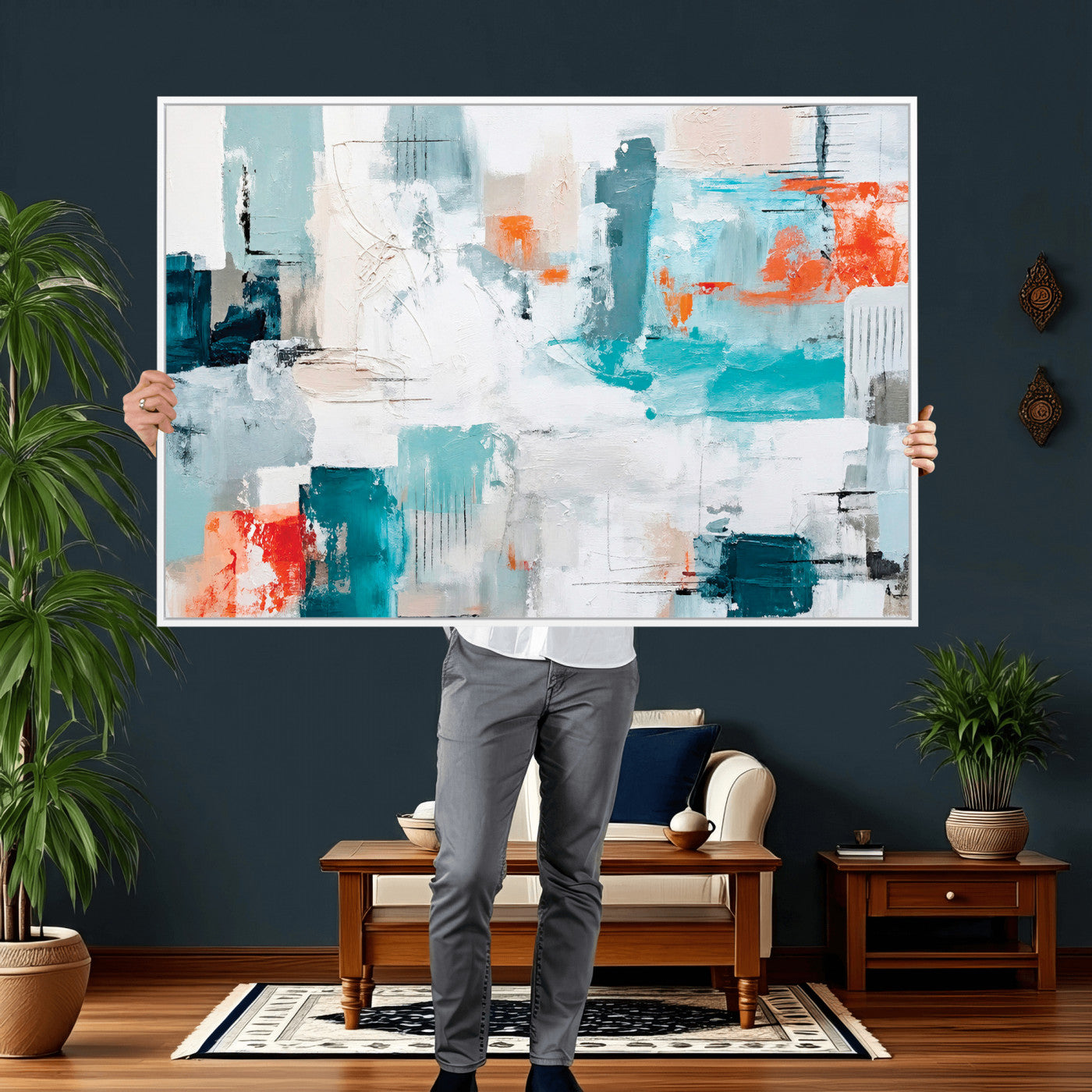 98638479-MGV-CV-36X24 - Blue Teal Abstract Canvas Wall Art | Modern Textured Painting Print, Navy Orange White Contemporary Art, Neutral Living Room Decor, Office Art