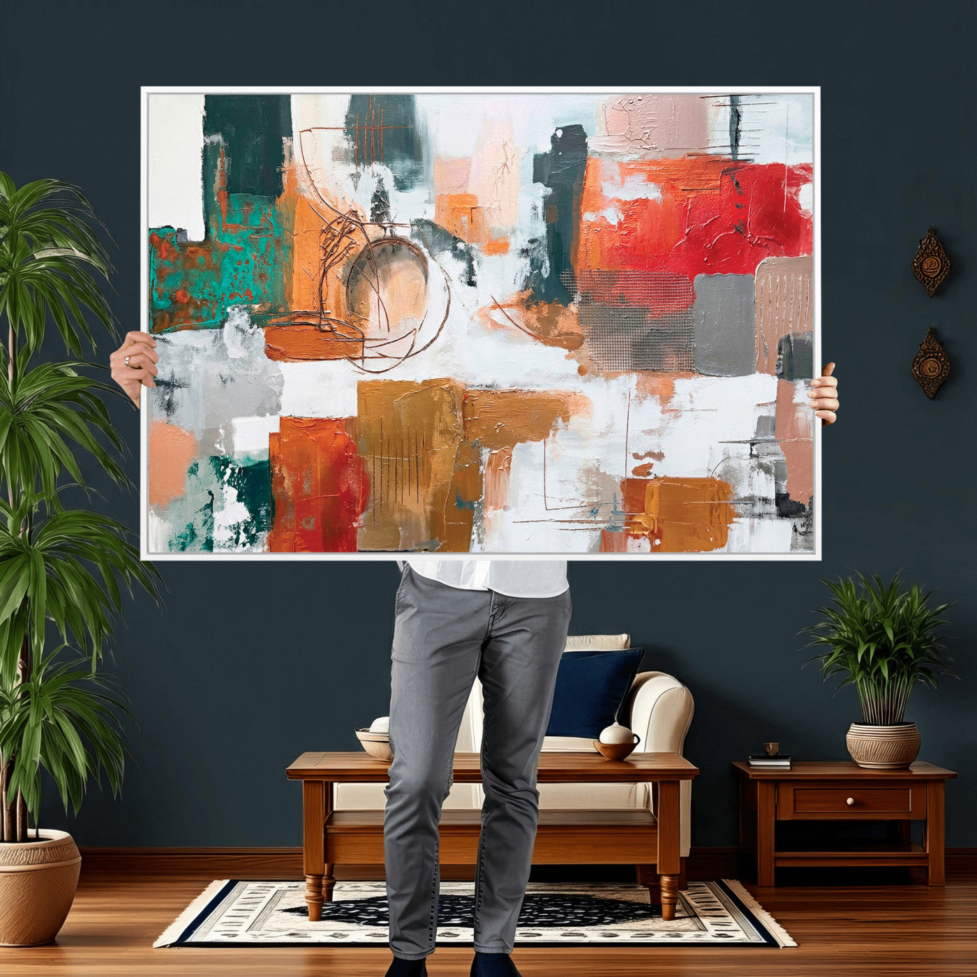 50720312-MGV-CV-36X24 - Blue Teal Abstract Canvas Wall Art | Modern Textured Painting Print, Navy Orange White Contemporary Art, Neutral Living Room Decor, Office Art.