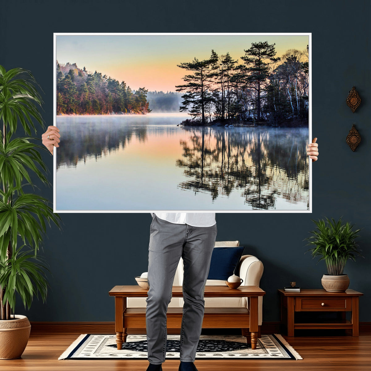 34236027-MGV-CV-36X24 - Before People Wake Canvas Wall Art Print, Misty Lake Sunrise Landscape, Forest Reflection Nature Decor, Ready to Hang
