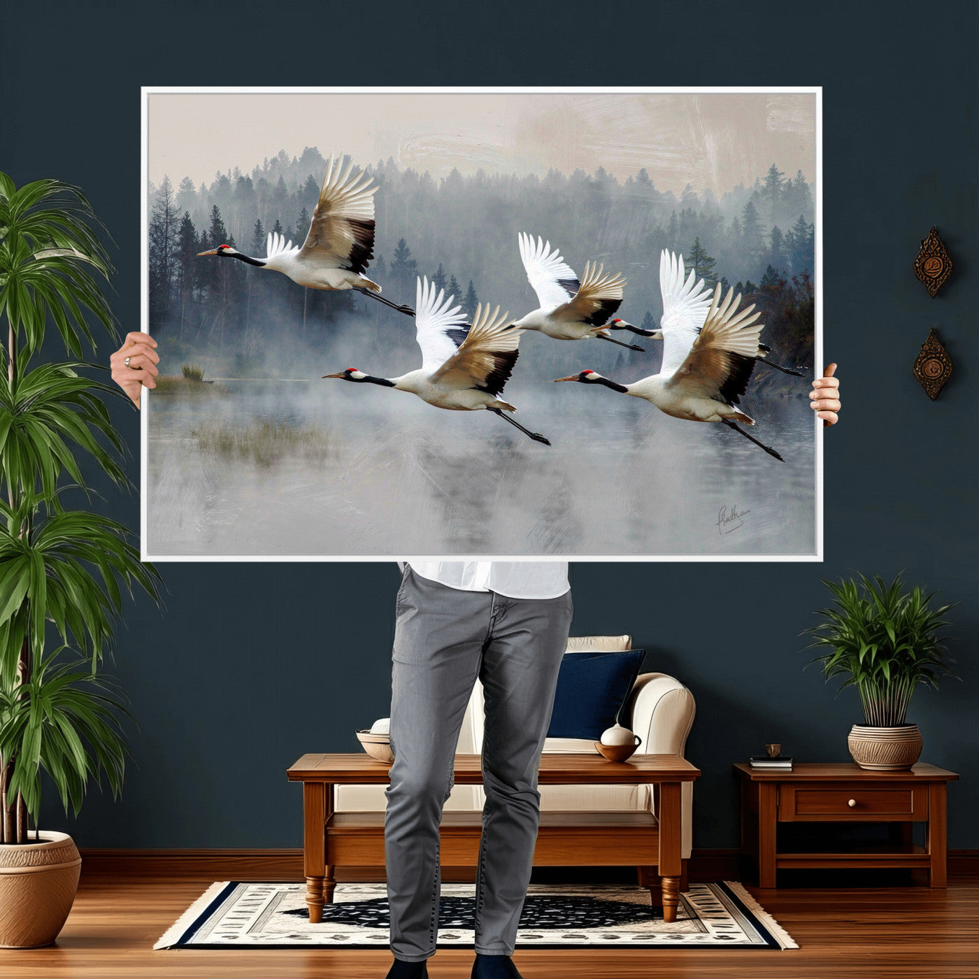 24356826-MGV-CV-36X24 - Flying Crane Canvas Wall Art Print, White Crane Bird Artwork, Wildlife Nature Decor, Lake Landscape Canvas, Ready to Hang