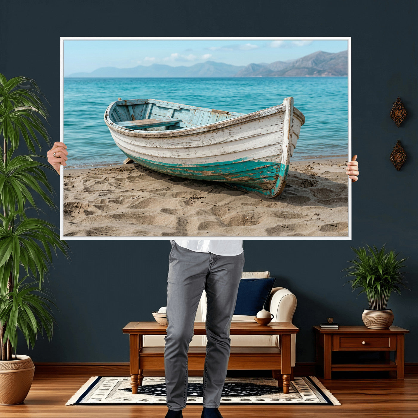 49963709-MGV-CV-36X24 - Coastal Boat Canvas Wall Art Print, Beach Boat Painting, Nautical Ocean Decor, Seascape Wall Art, Ready to Hang