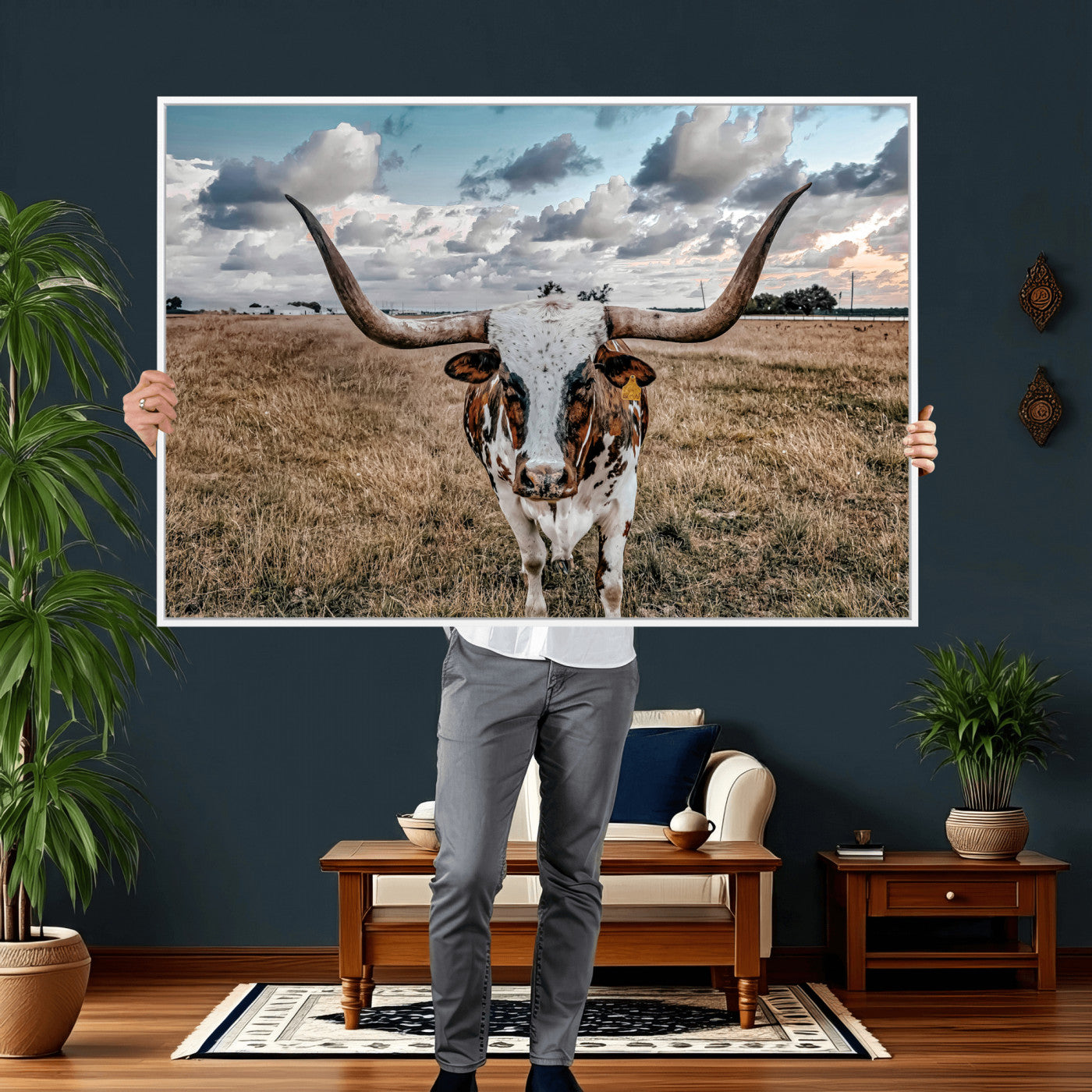 17464823-MGV-CV-36X24 - Texas Longhorn Canvas Wall Art Print - Western Cow Photography, Rustic Ranch Decor, Farmhouse Wall Art, Ready to Hang