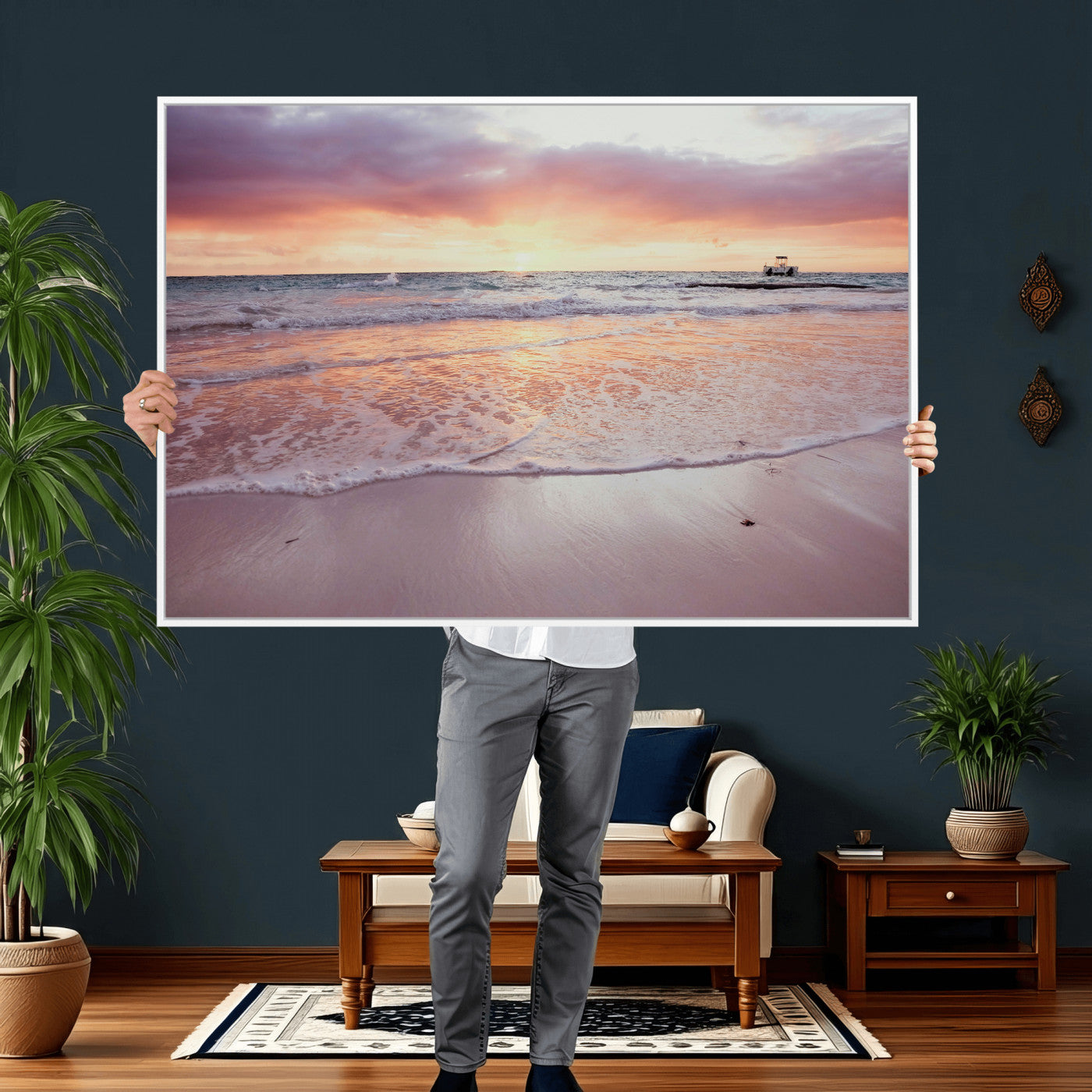 44765395-MGV-CV-36X24 - Beach Sunset Canvas Wall Art Print, Ocean Waves Landscape, Coastal Photography, Seascape Wall Decor, Ready to Hang