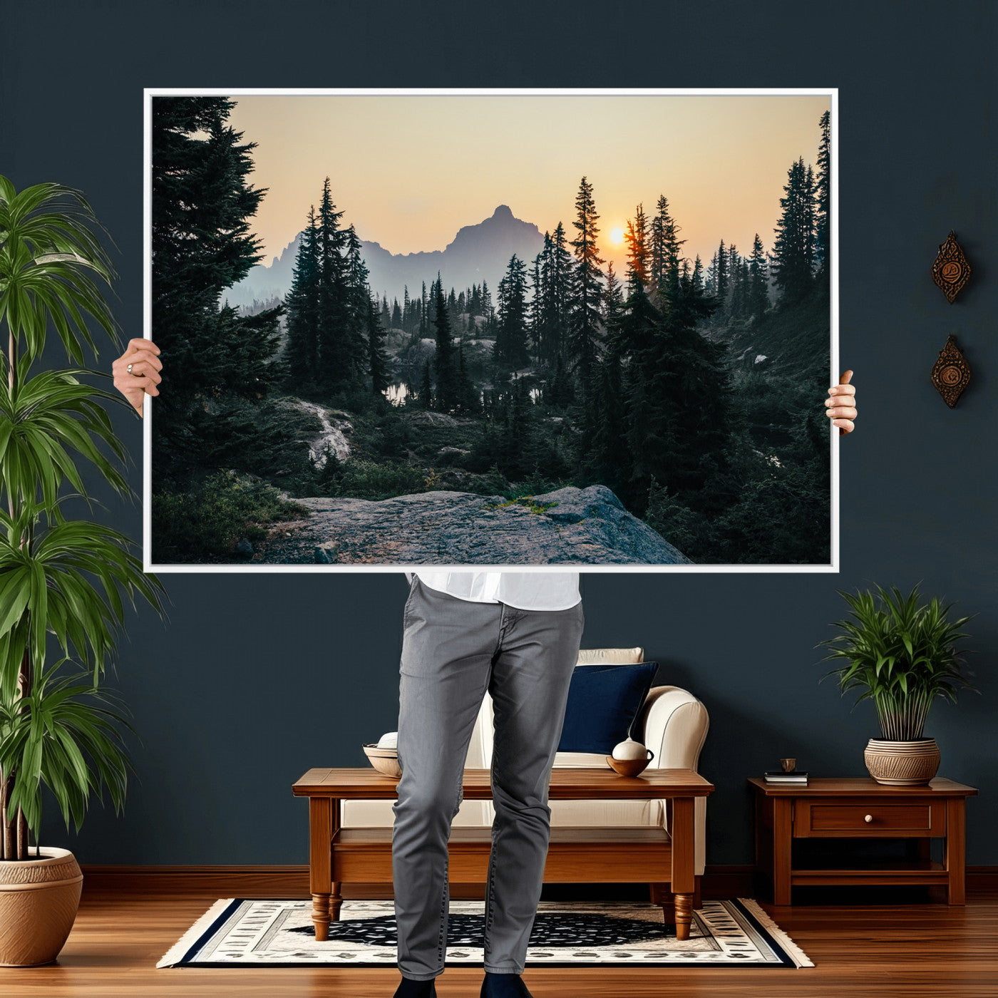89996020-MGV-CV-36X24 - Mountain Forest Canvas Wall Art Print - Pine Tree Landscape, Sunset Nature Photography, Wilderness Wall Decor, Ready to Hang