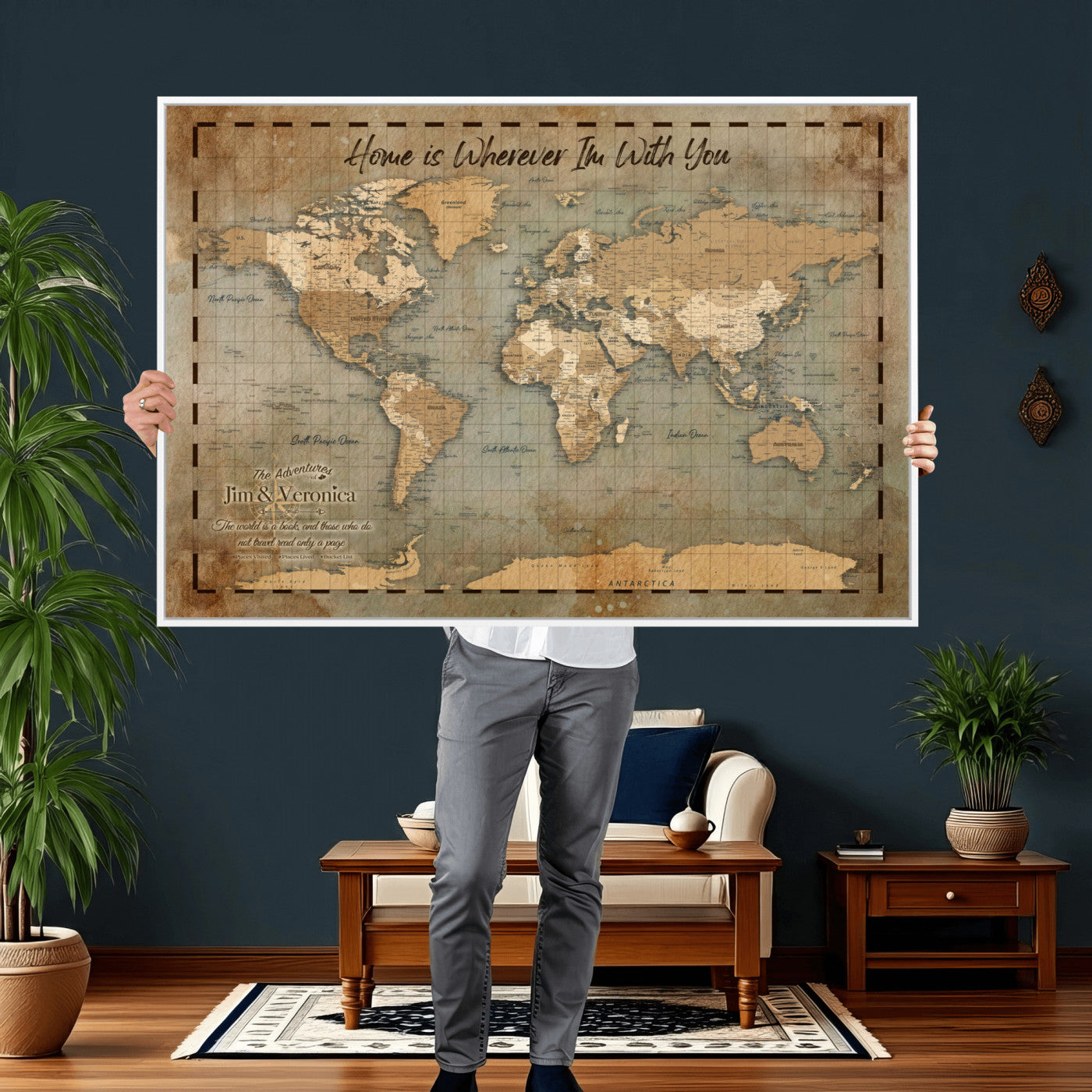 97123877-MGV-CV-36X24 - Vintage Custom Push Pin World Map, Vintage Travel Map Canvas, Personalized Names Anniversary Gift, Places Visited Pin Board, Couples Adventure Art