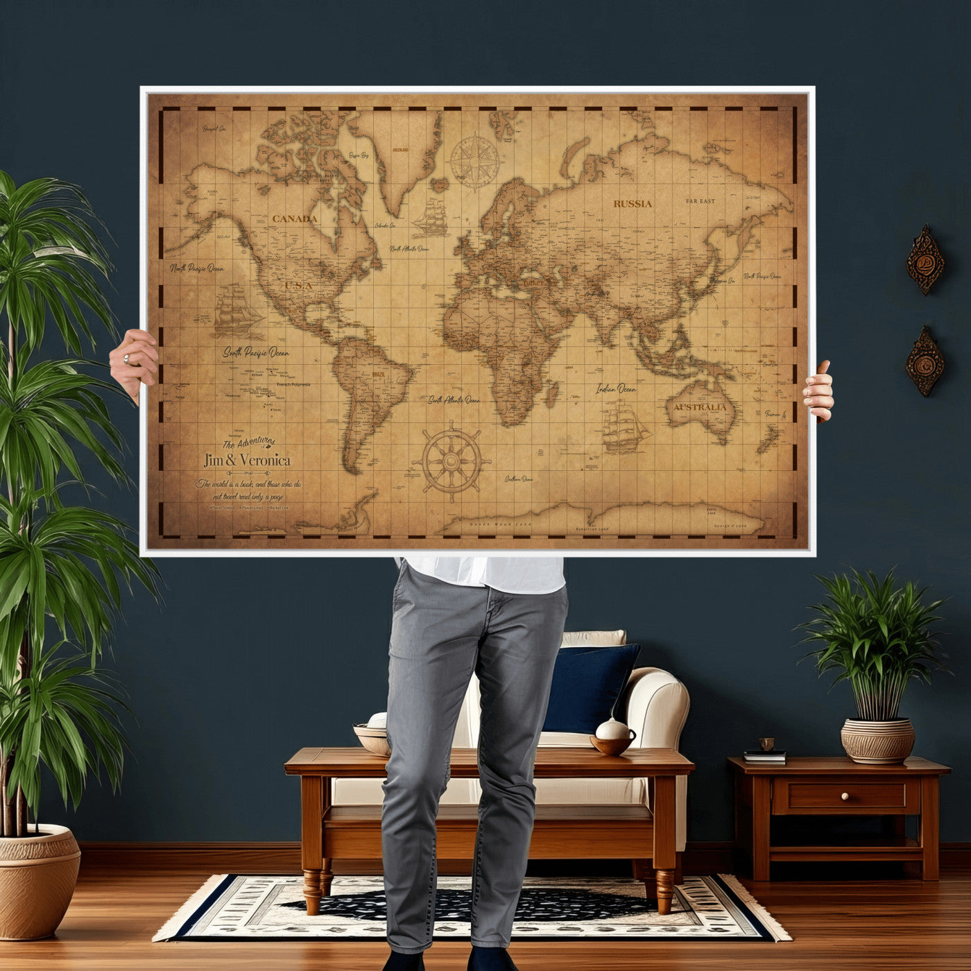 55328610-MGV-CV-36X24 - Personalize Push Pin World Map Wall Art Print | Vintage Travel Map Canvas, Custom Names Anniversary Gift, Places Visited Pin Board