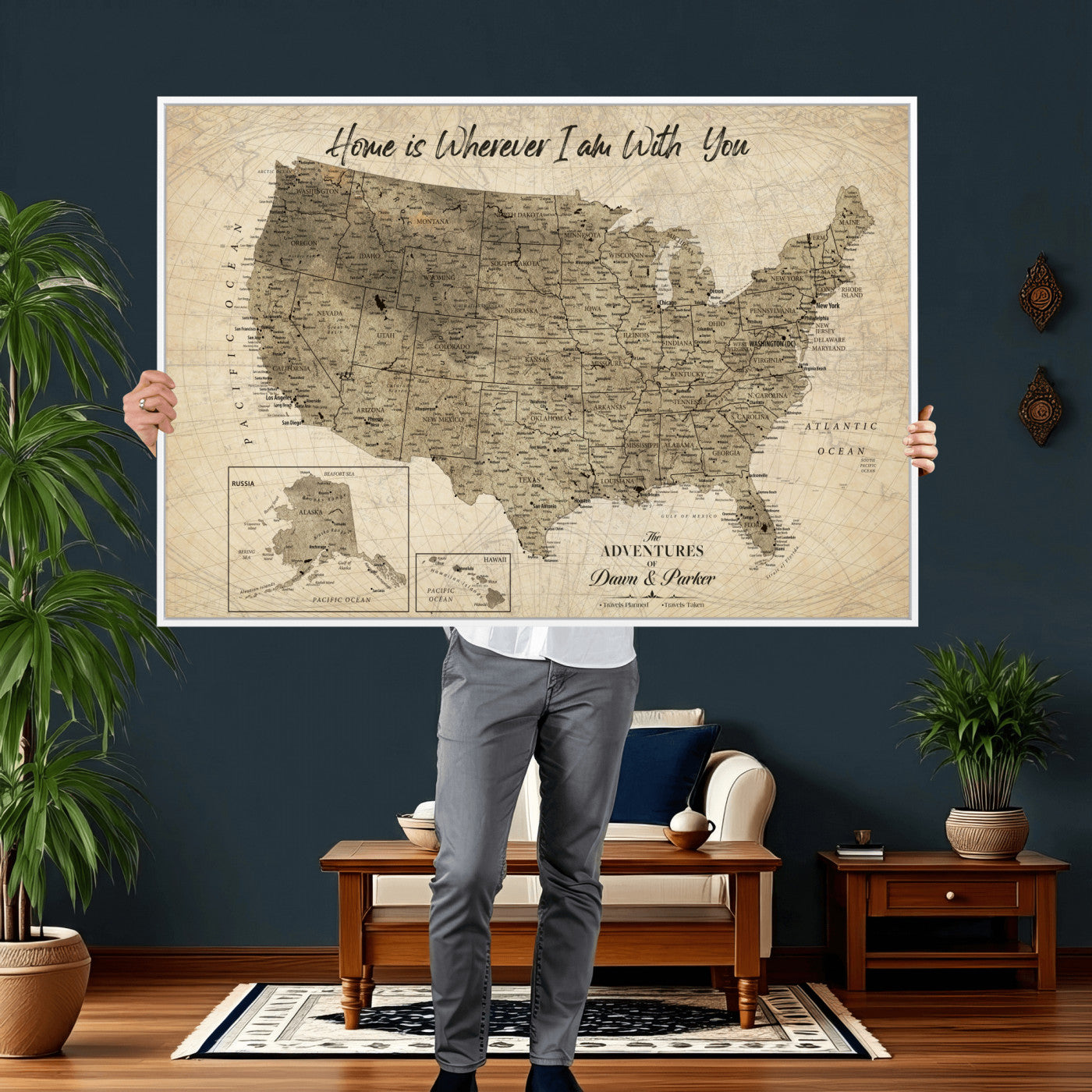 25440520-MGV-CV-36X24 - Personalized United States Map Canvas Wall Art with Push Pins Detailed