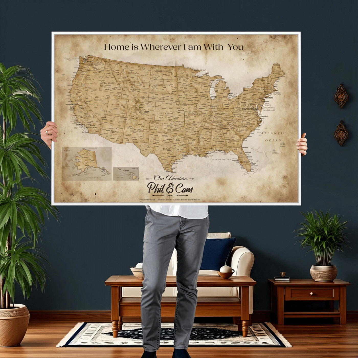 80624553-MGV-CV-36X24 - Personalized USA Push Pin Travel Map Canvas Wall Art Custom Family Gift