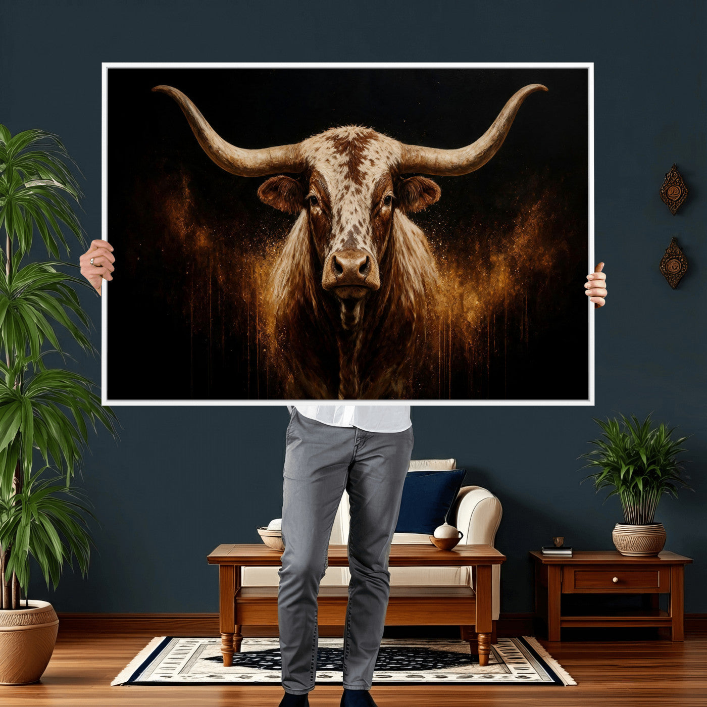 62076449-MGV-CV-36X24 - Texas Bull Cow Longhorn Canvas Wall Art Moody Western Bull Oil Painting Print