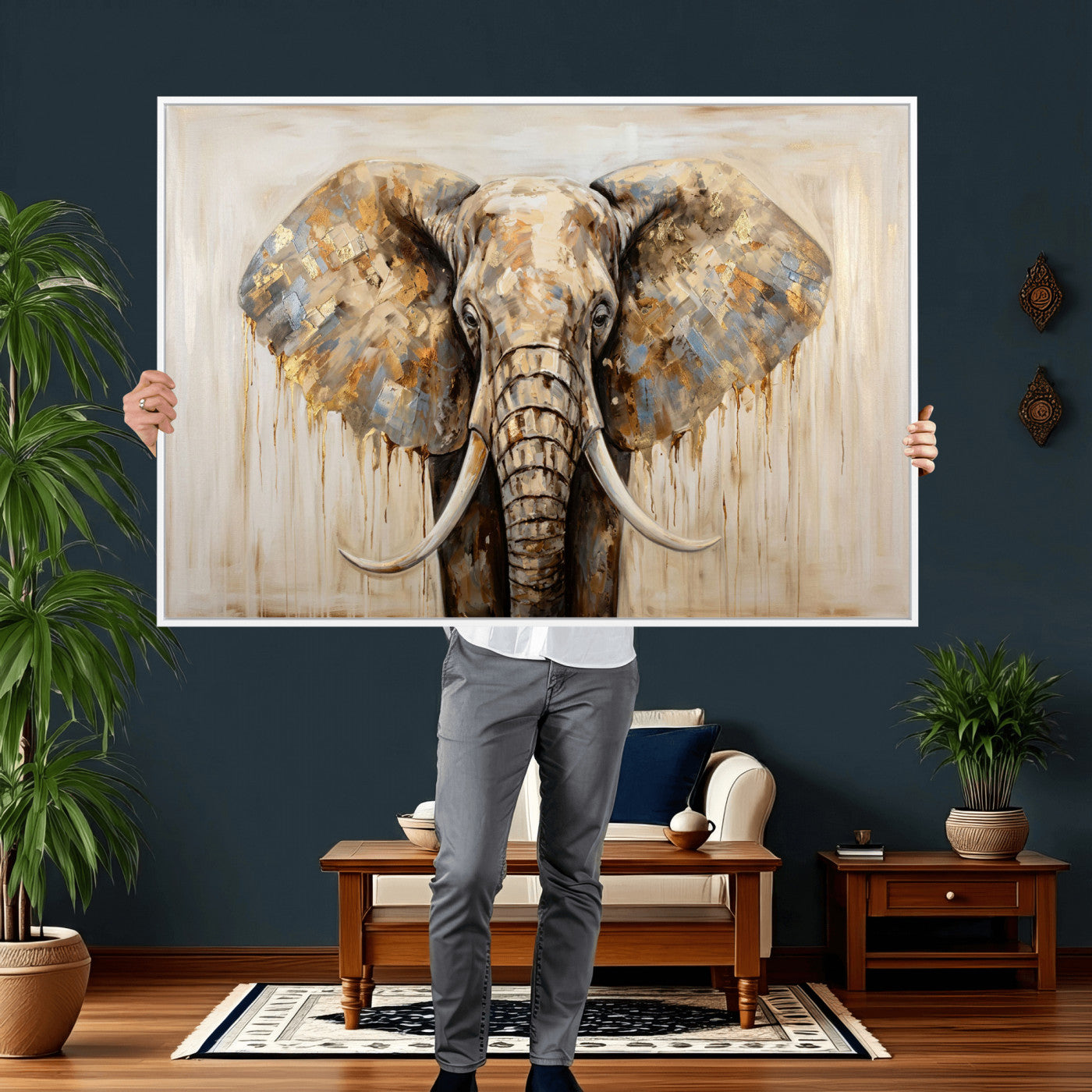 95819221-MGV-CV-36X24 - Gold Leaf Elephant Canvas Wall Art Abstract African Wildlife Painting Print