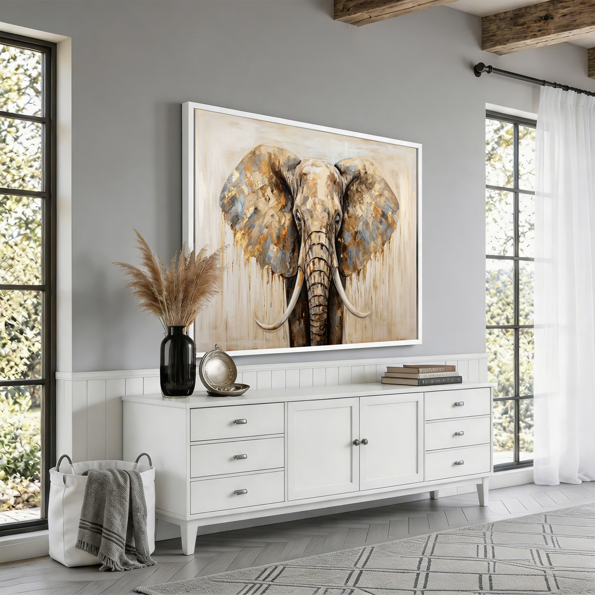 95819221-MGV-CV-36X24 - Gold Leaf Elephant Canvas Wall Art Abstract African Wildlife Painting Print
