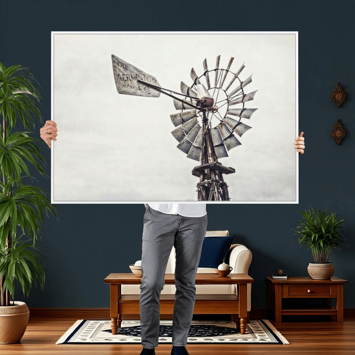 63200638-MGV-TP-24X36 - Vintage Rustic Farmhouse Windmill Canvas Wall Art - Western Country Landscape Print
