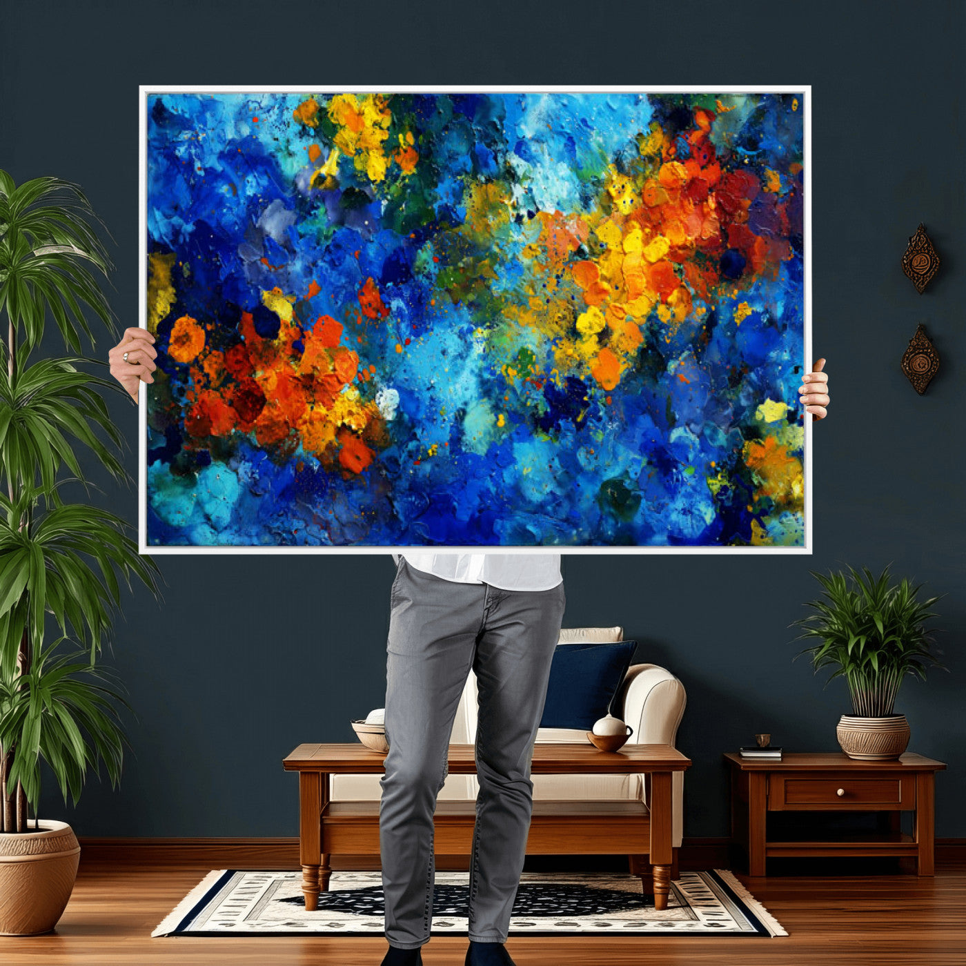 52431611-MGV-CV-36X24 - Vibrant Blue Abstract Canvas Wall Art Colorful Impasto Oil Painting Print