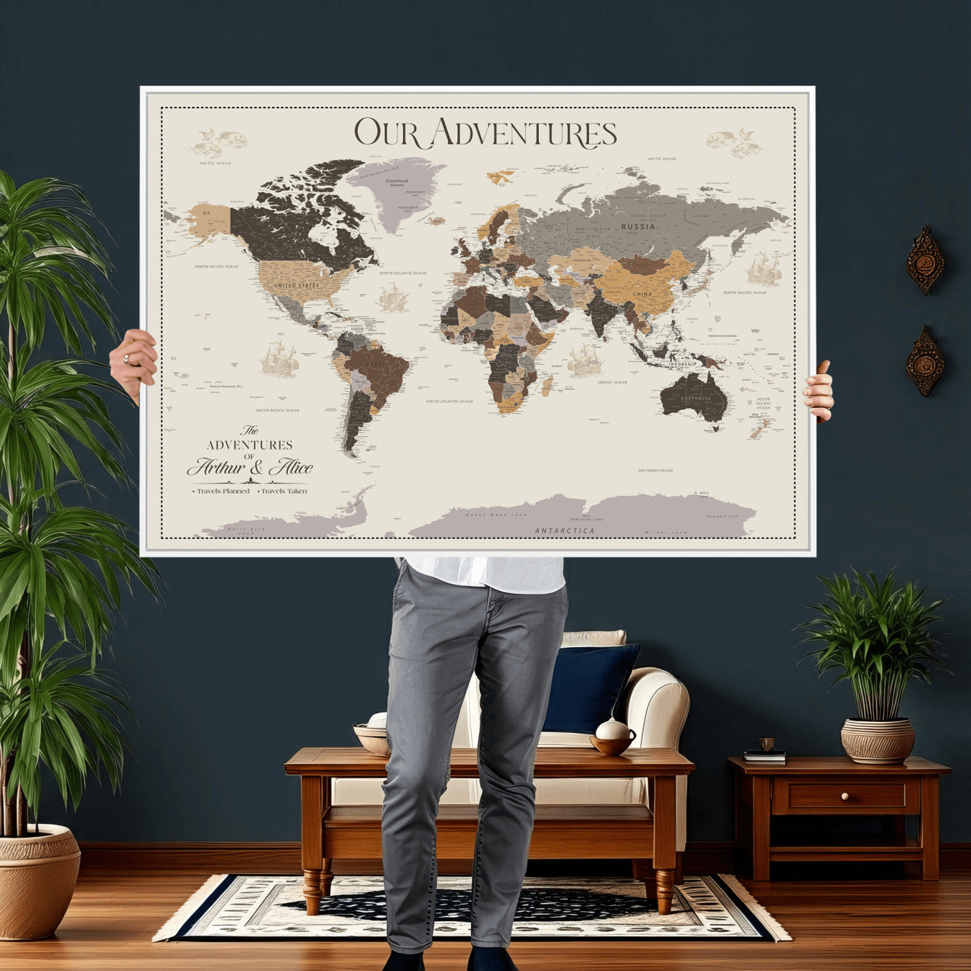 58777746A-MGV-CV-36X24 - Push Pin Customize World Map Wall Art Canvas Print, Modern Decorative Framed Map Artwork Prints for Living Room, Office, Bedroom Wall Decor