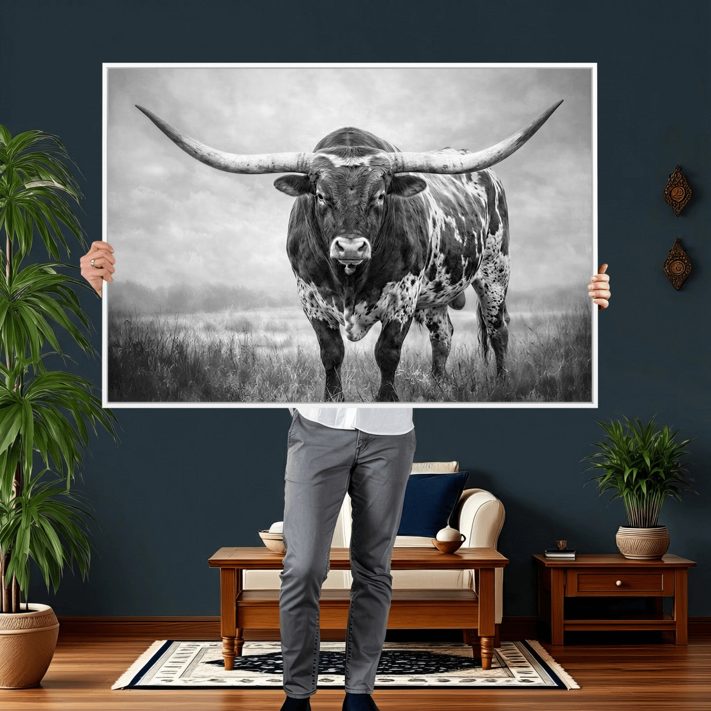 11121585-MGV-CV-36X24 - Texas Bull Wall Art Canvas Print for Farmhouse Restaurant Wall Decor