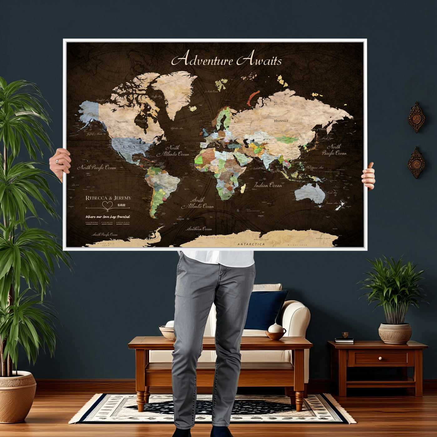95753799-MGV-CV-36X24 - Custom Push Pin World Map Canvas Print – Personalized Travel Map Wall Art