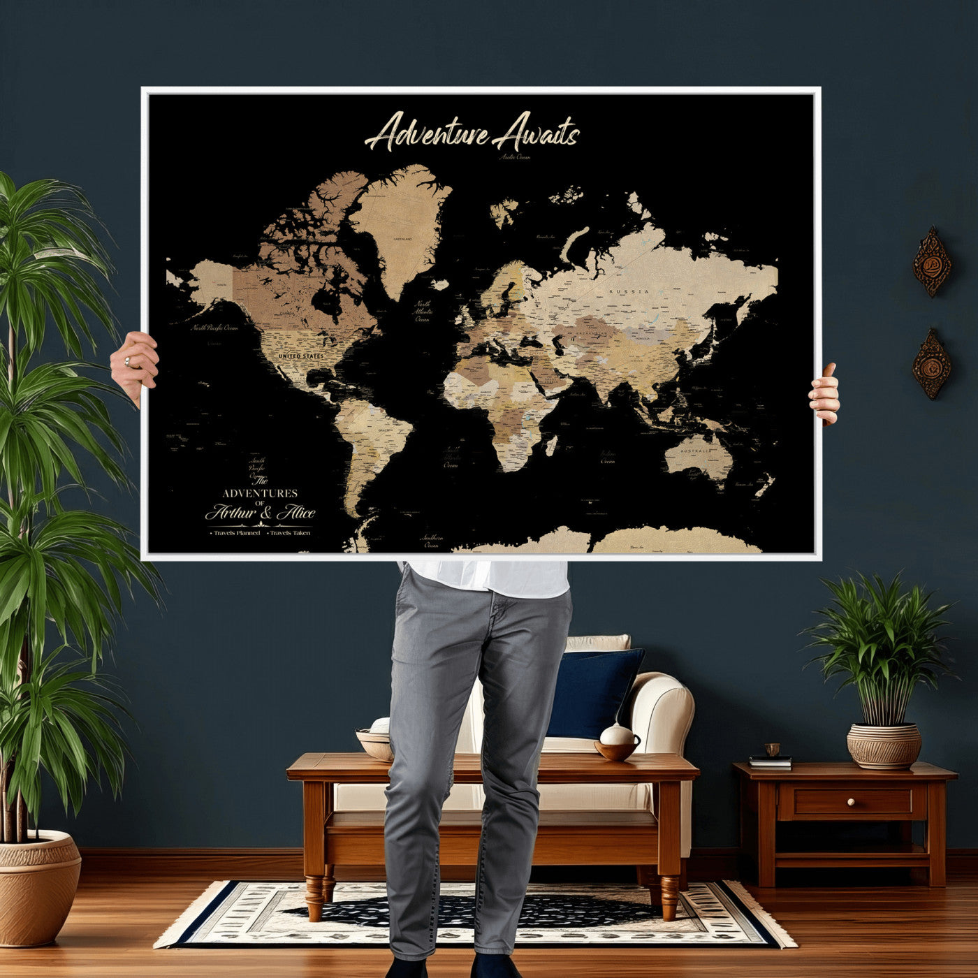 88415067-MGV-CV-36X24 - Custom Push Pin World Map Canvas Print – Personalized Travel Map Wall Art