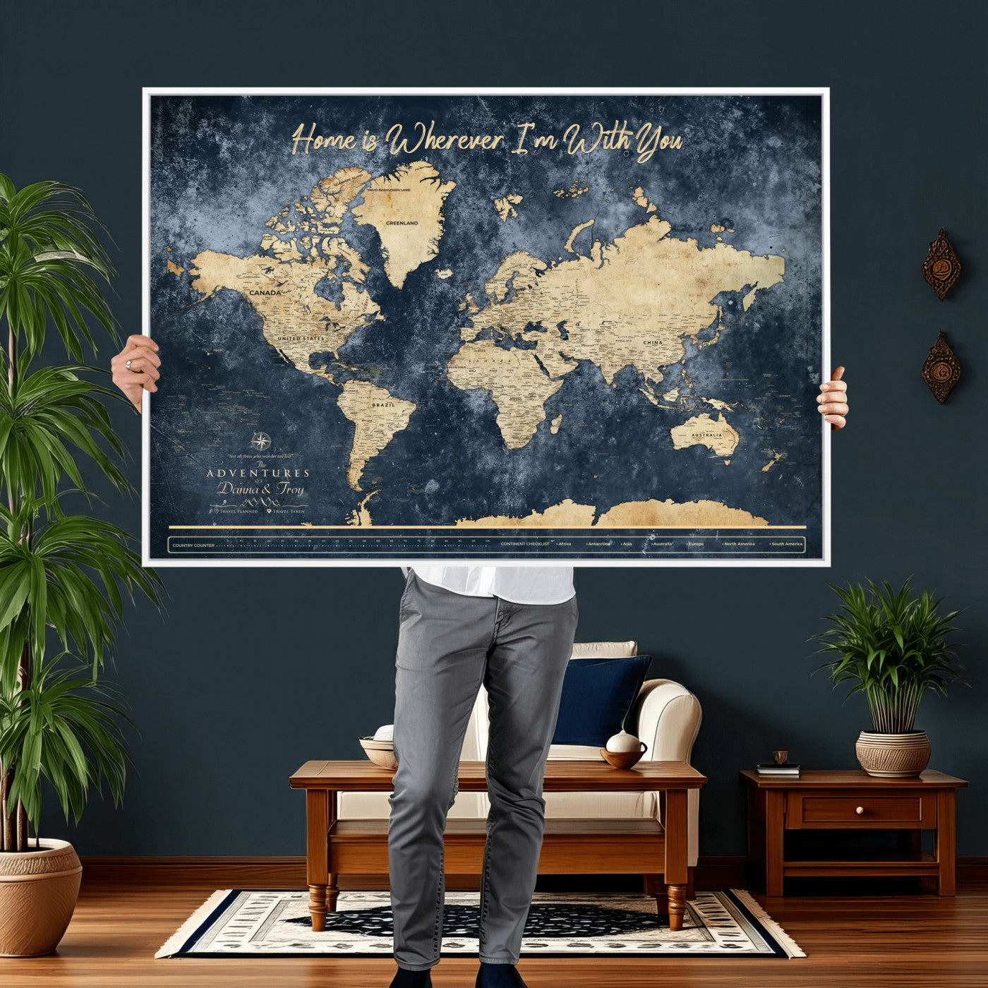 400867BL-MGV-CV-36X24 - Framed Blue Custom Push Pin World Map Canvas Print – Personalized Travel Map Wall Art