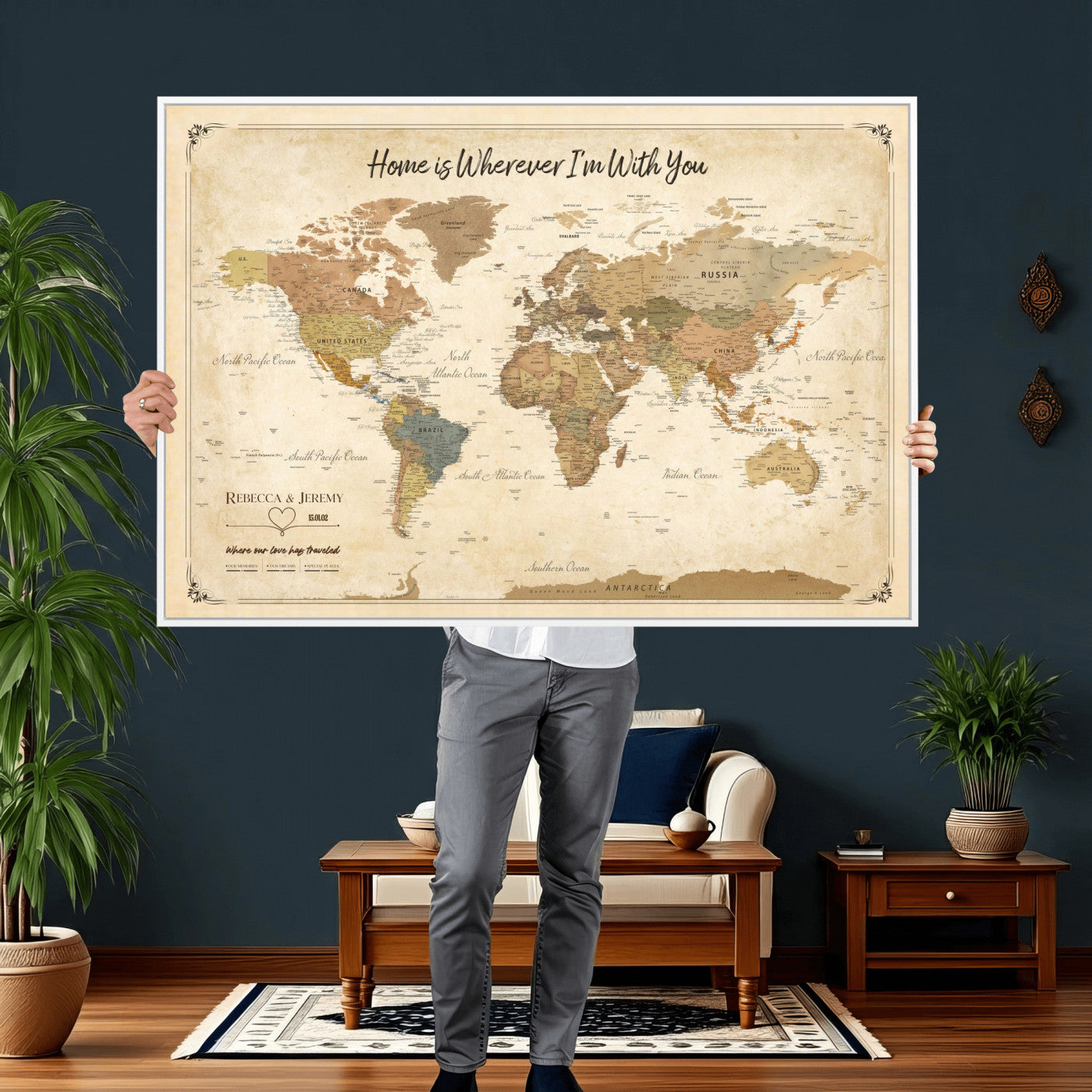 40086165-MGV-TP-30X20 - Framed Vintage Custom Push Pin World Map Canvas Print – Personalized Travel Map Wall Art