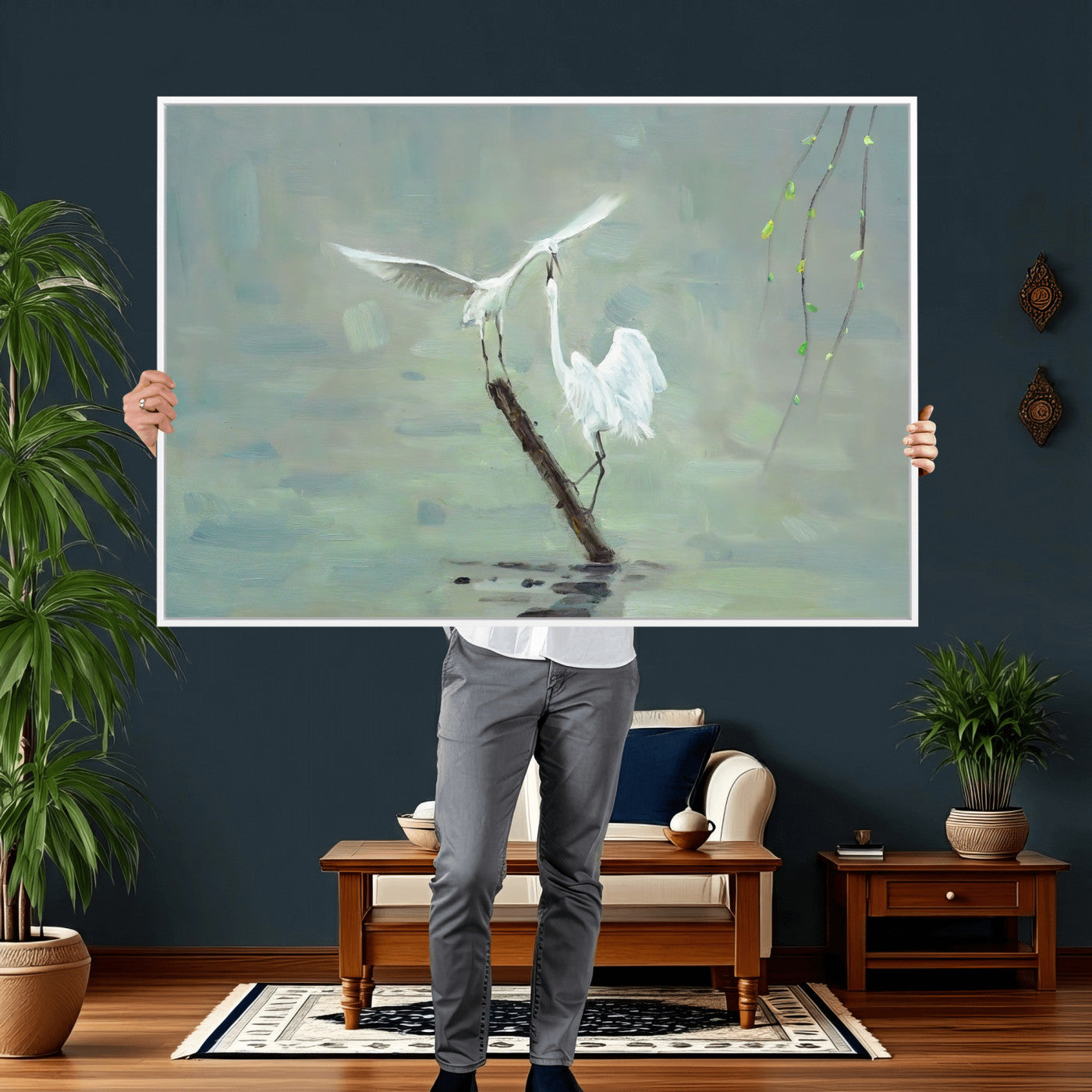 91124838-MGV-CV-36X24 - Two White Egrets on Marsh Branch Wall Art Canvas Print - Vintage Style Coastal Bird Poster