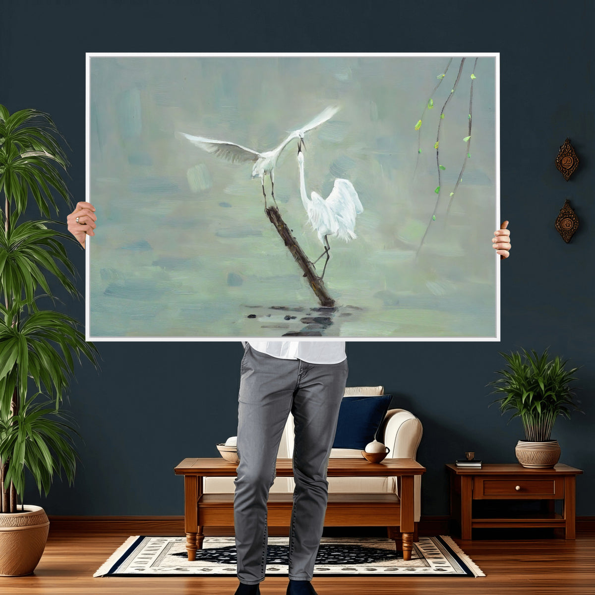 91124838-MGV-CV-36X24 - Two White Egrets on Marsh Branch Wall Art Canvas Print - Vintage Style Coastal Bird Poster