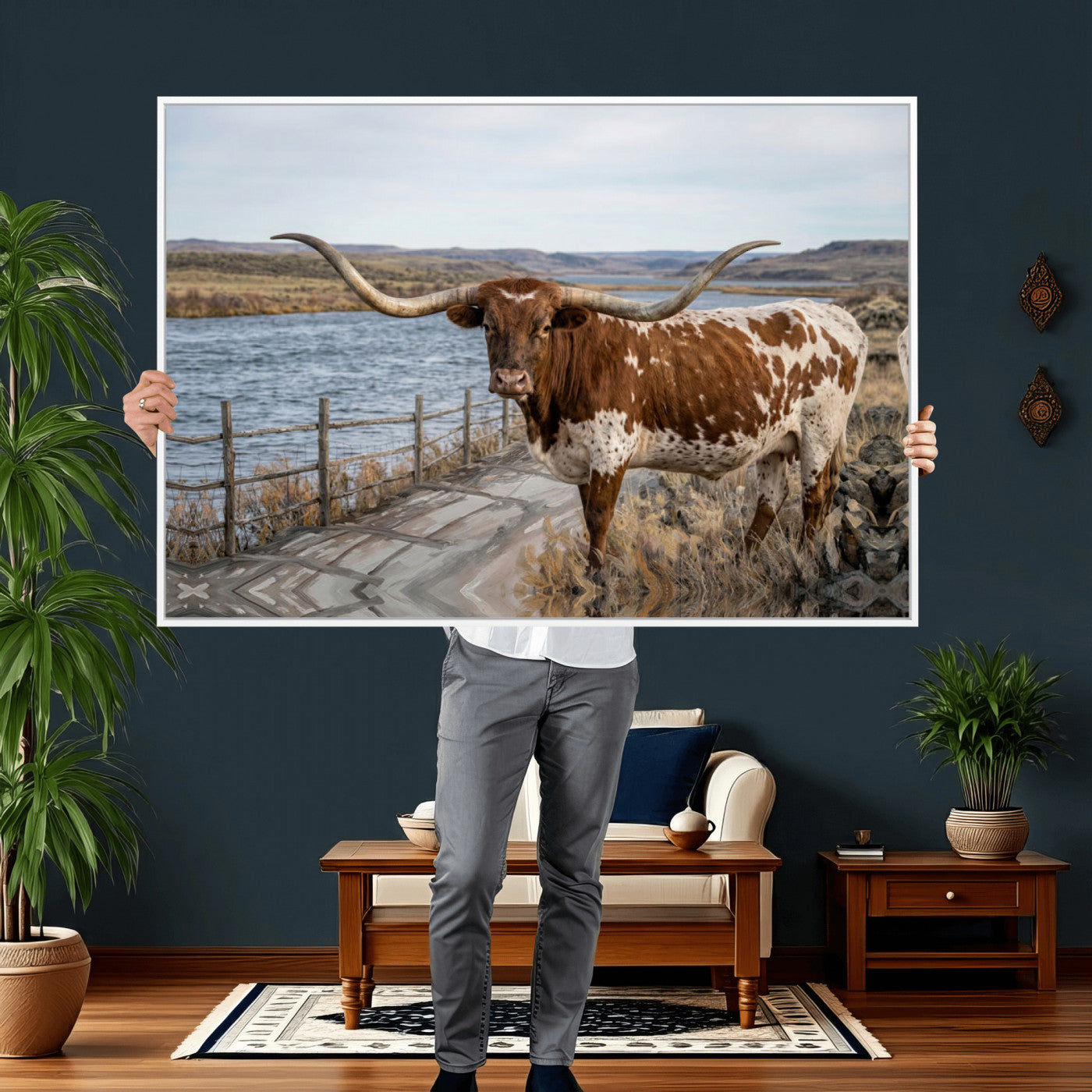 91575949-MGV-CV-36X24 - Texas Longhorn Cattle in Desert Pasture Wall Art Canvas Print - Rustic Western Decor