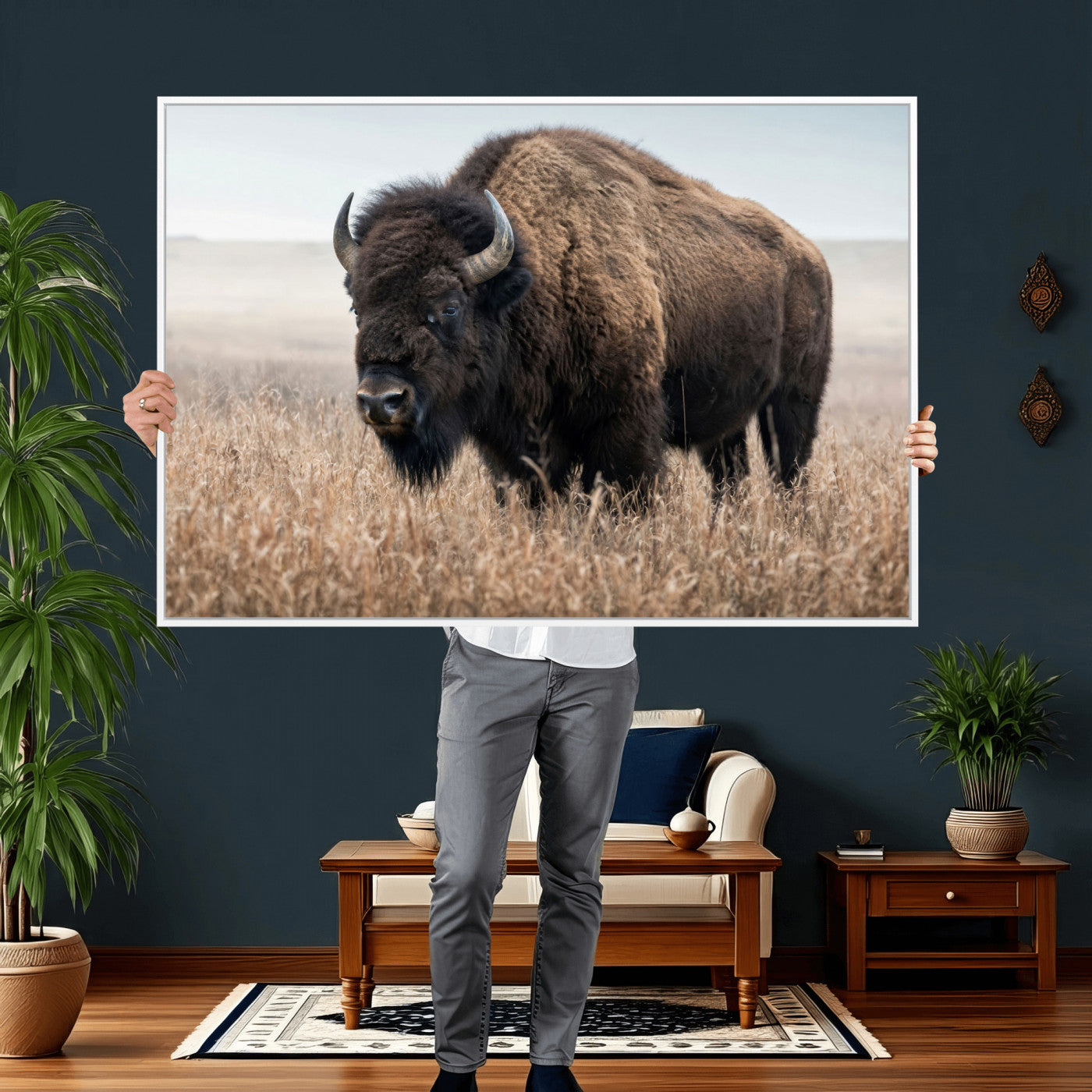 81029583-MGV-CV-36X24 - American Bison in Prairie Field Wall Art Canvas Print - Rustic Wildlife Photography