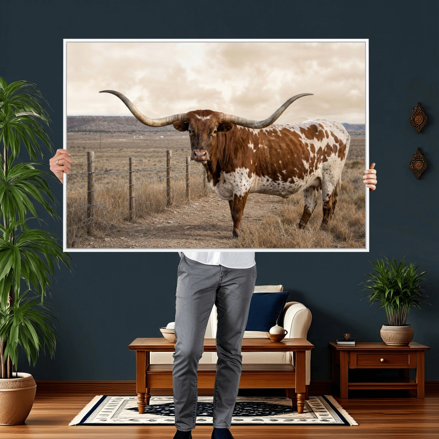 22808364-MGV-CV-36X24 - Texas Longhorn Cattle in Desert Pasture Wall Art Canvas Print - Rustic Western Decor