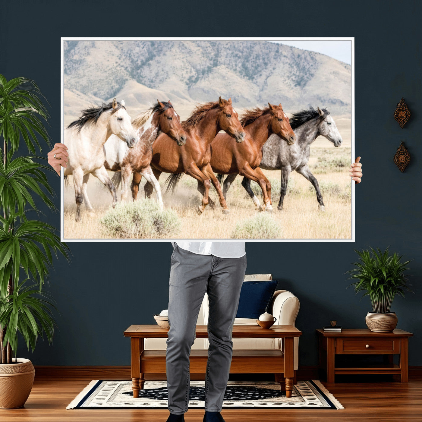 68345893-MGV-CV-36X24 - Five Mustangs Running Wild in Mountain Valley Wall Art Canvas Print - Rustic Western Decor