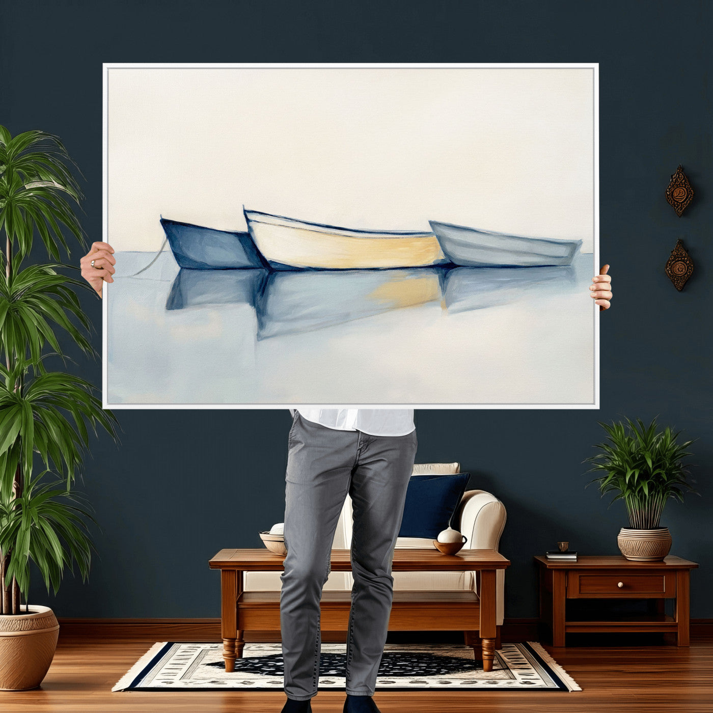 84017361-MGV-CV-36X24 - Abstract Three Boats Reflecting on Water Wall Art Canvas Print - Minimalist Coastal Seascape
