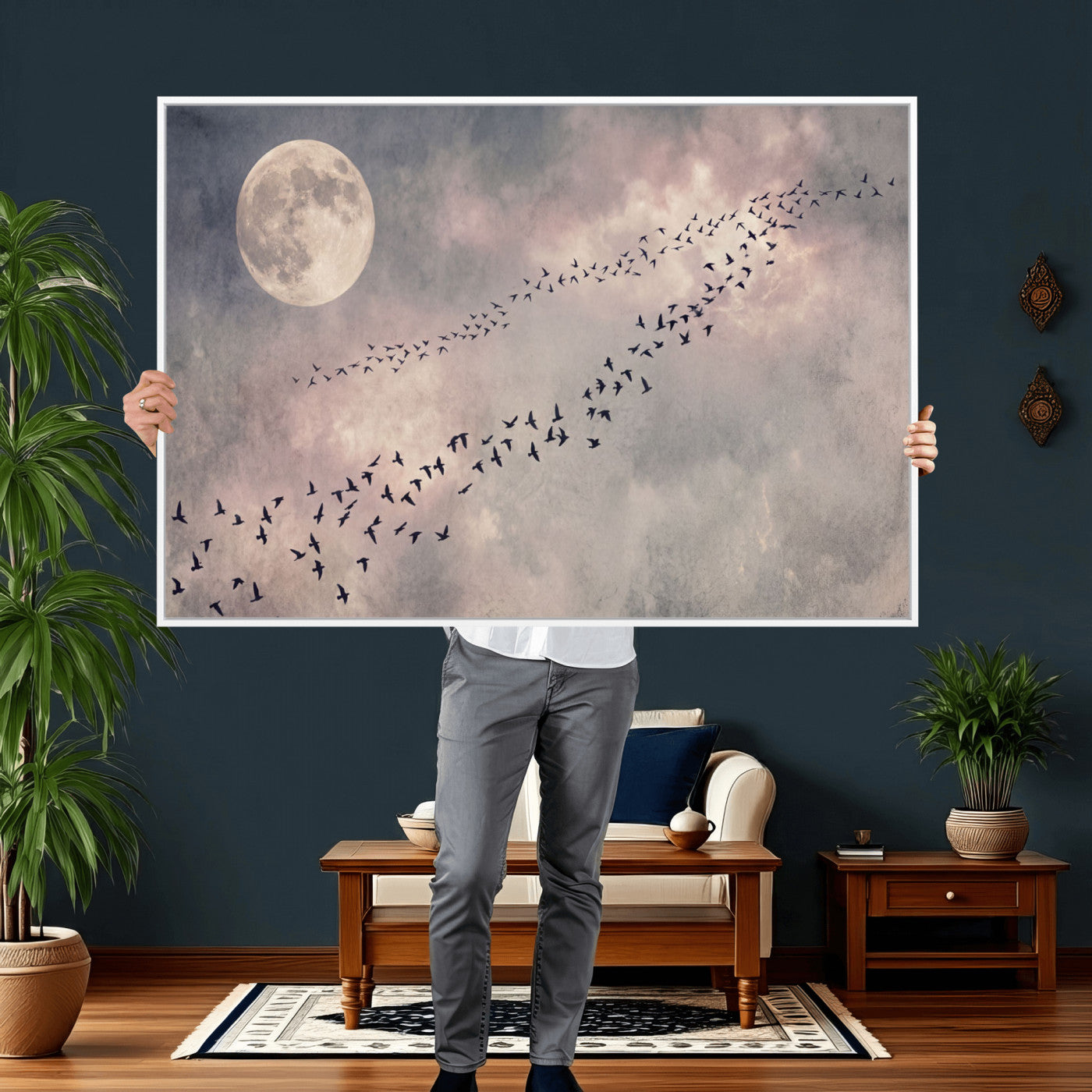 52339590-MGV-CV-36X24 - Birds Flying to Moon Wall Art Canvas Print - Vintage Surreal Night Sky Sky Print