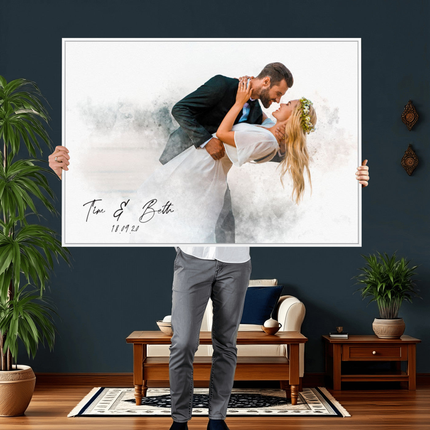 39726003-MGV-CV-36X24 - Watercolor Couple Portrait from Photo, Custom Wedding Anniversary Gift for Wife Husband Parents, Engagement Gift for Friend