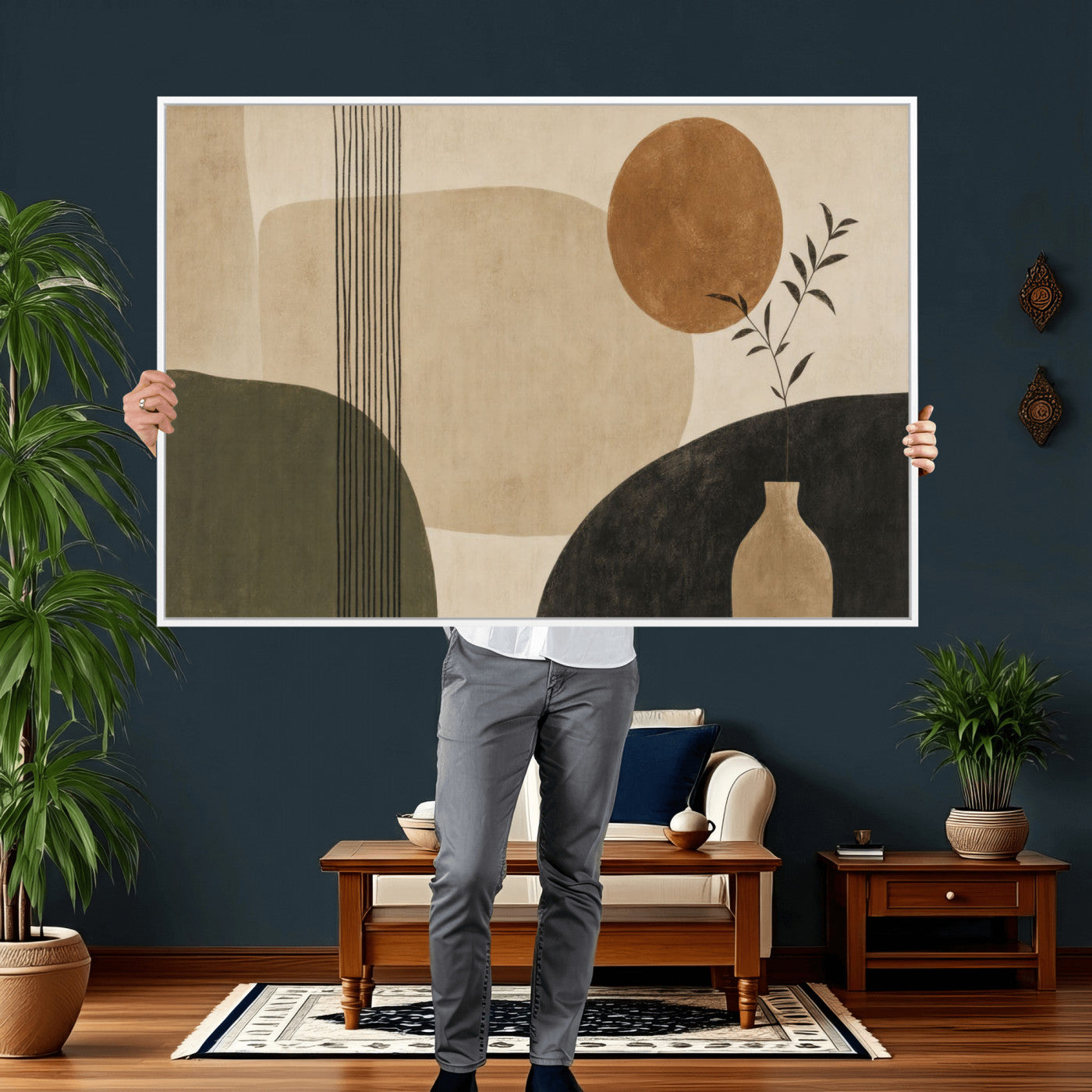 29113684-MGV-CV-36X24 - Japandi Minimalist Abstract Wall Art Canvas Print, Sage Green and Terracotta Sun Botanical Painting Print