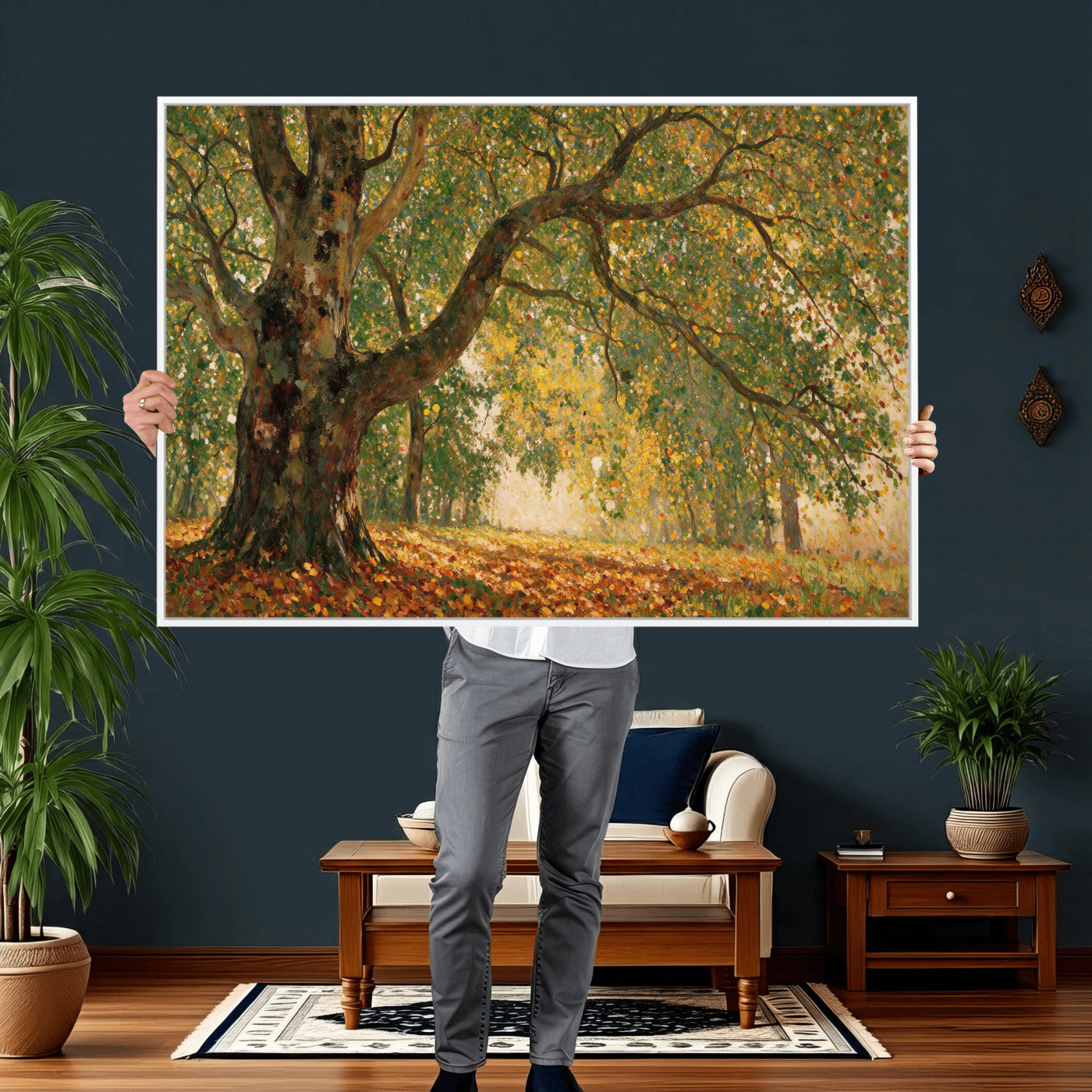 52555601-MGV-CV-36X24 - Claude Monet Style The Bodmer Oak Fontainebleau Forest Wall Art Canvas Print, Autumn Landscape Painting Print