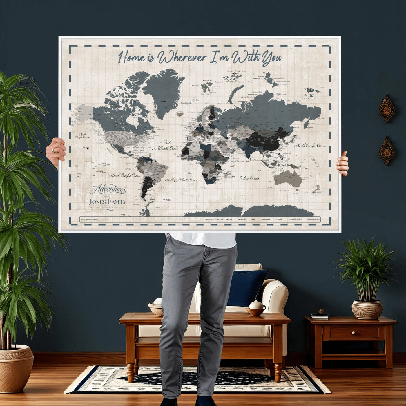 400867164-MGV-CV-36X24 - Framed Blue Custom Push Pin World Map Canvas Print – Personalized Travel Map Wall Art