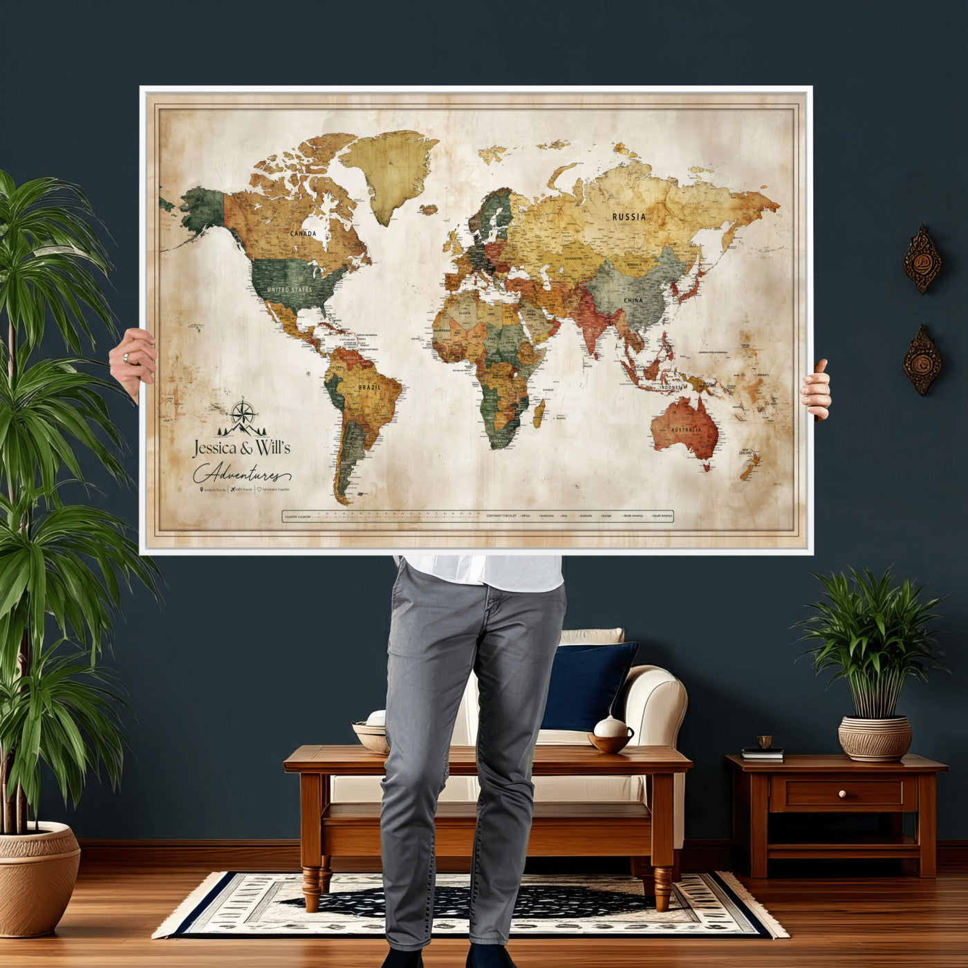 19542567-MGV-CV-36X24 - Custom Push Pin World Map Canvas | Personalized Travel Tracker | Wedding Anniversary Gift for Couples | Adventure Map Wall Art with Pins