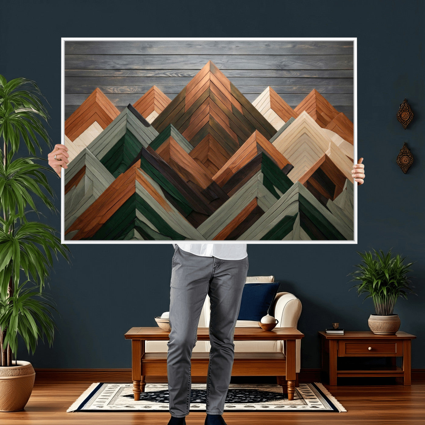 84617347-MGV-CV-36X24 - Geometric Wood Mountain Wall Art Canvas Print, 3D Look Rustic Mosaic Landscape Print