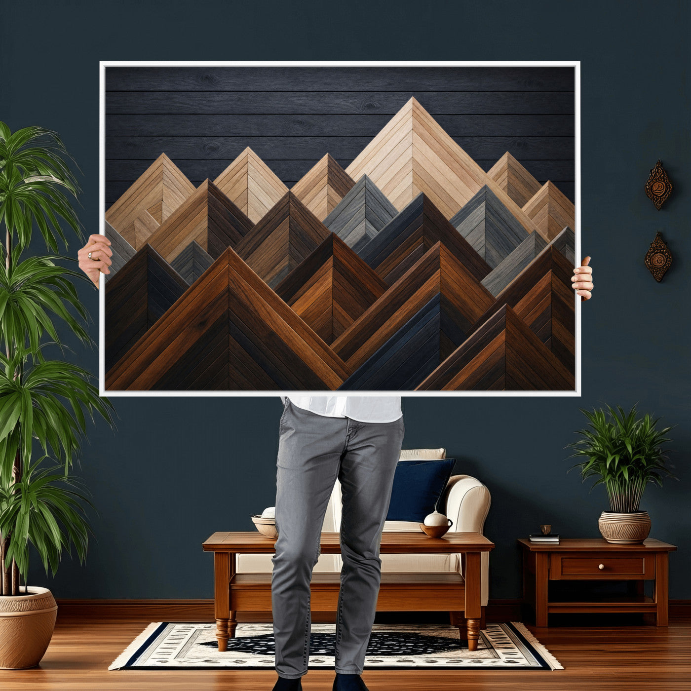 70531117-MGV-CV-36X24 - Geometric Wood Mountain Wall Art Canvas Print, 3D Look Rustic Mosaic Landscape Print