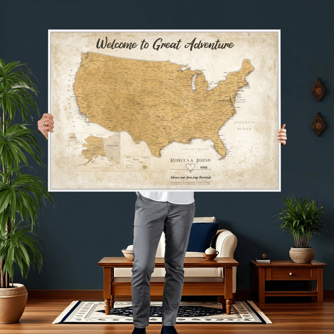81437082-MGV-CV-36X24 - Custom Push Pin Travel USA Map Canvas Print, Cream Personalized Travel Tracker America Map, Anniversary Traveler Gift