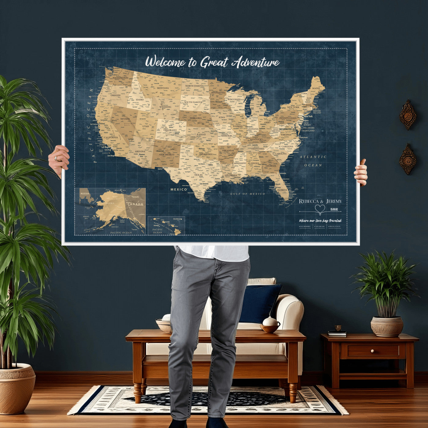 58851035-MGV-CV-36X24 - Custom Push Pin Travel USA Map Canvas Print, Cream Personalized Travel Tracker America Map, Anniversary Traveler Gift