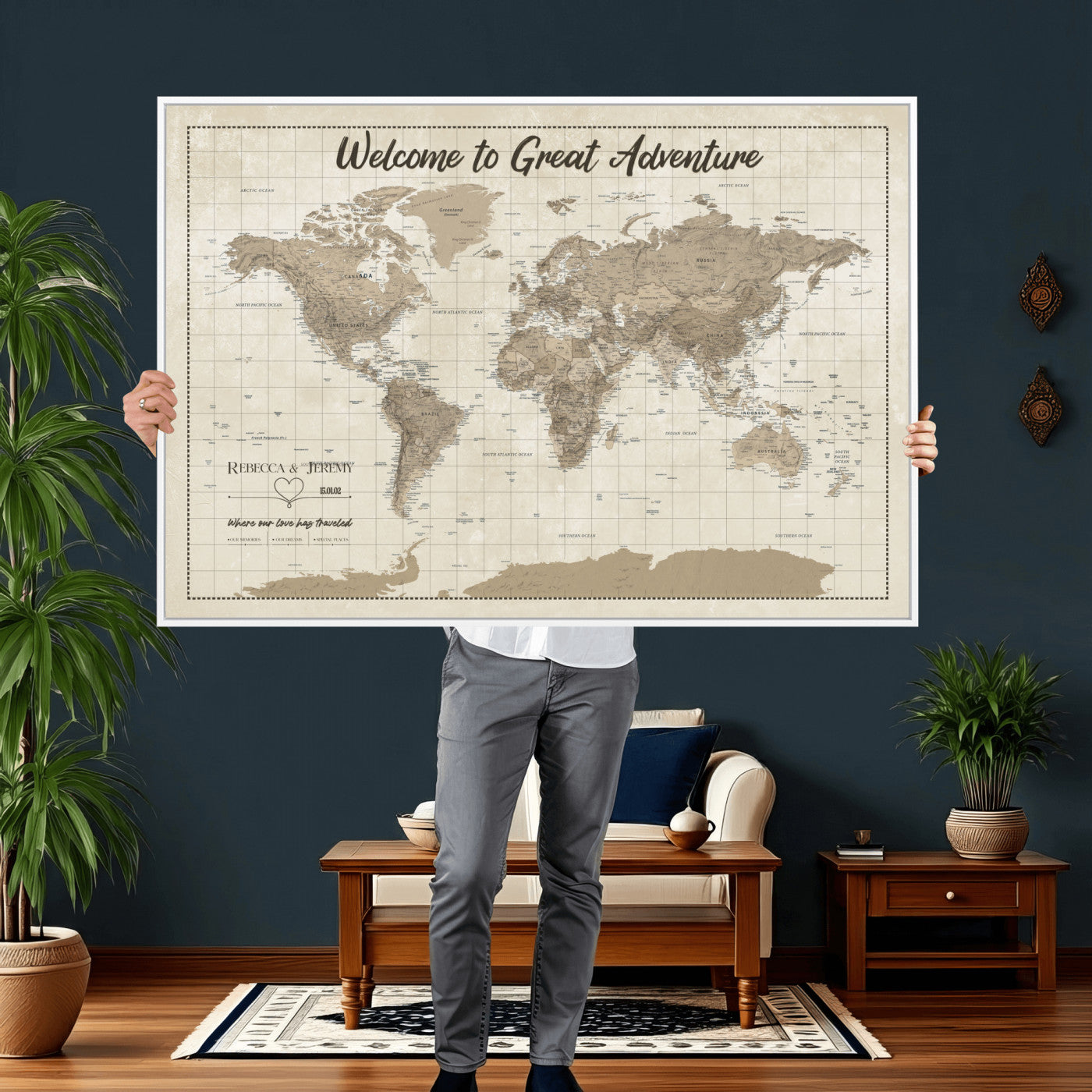51180020-MGV-CV-36X24 - Custom Push Pin Travel Map Canvas Print, Cream Personalized Travel Tracker Map, Anniversary Gift, Vintage World Map Wall Art
