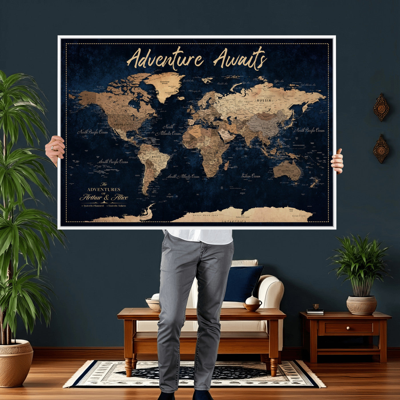 57167164-MGV-CV-36X24 - Custom Push Pin Travel Map Canvas Print, Navy Blue Personalized Travel Tracker Map, Anniversary Gift, Vintage World Map Wall Art