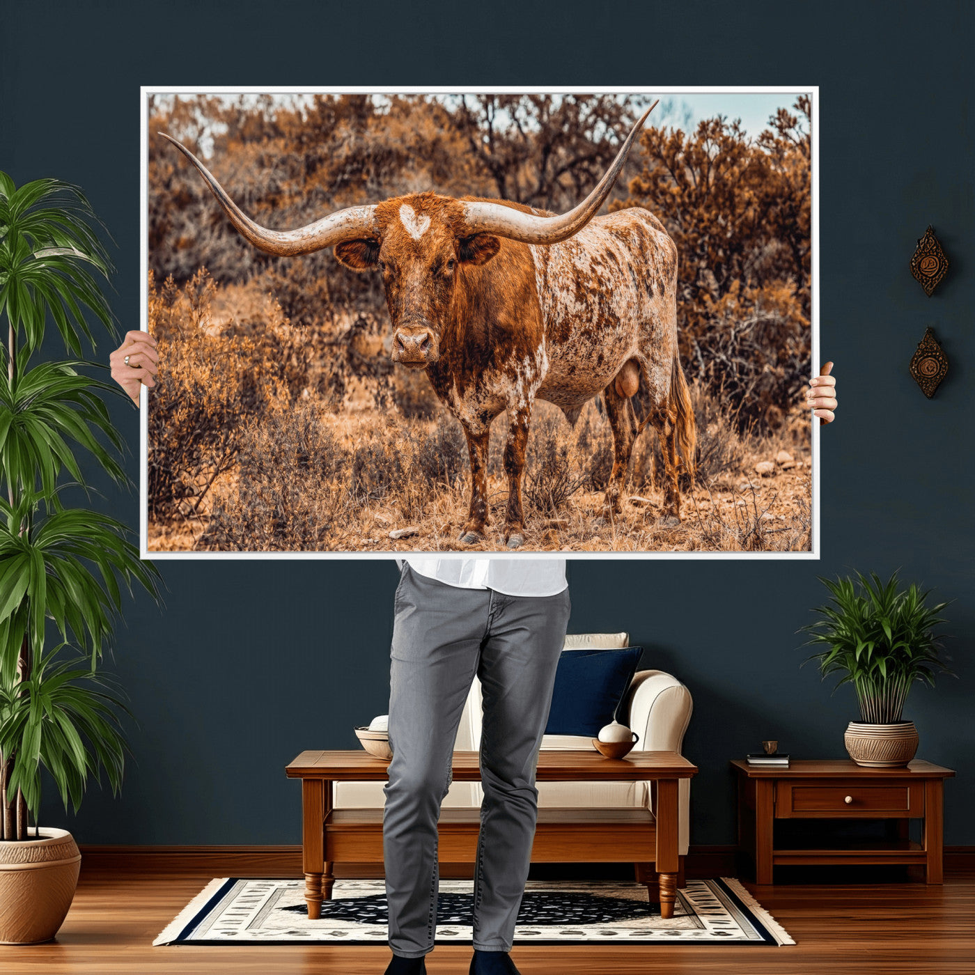 62076449-MGV-CV-36X24 - Texas Cow Bull Longhorn Print for Western Wall Art Decor for Farmhouse