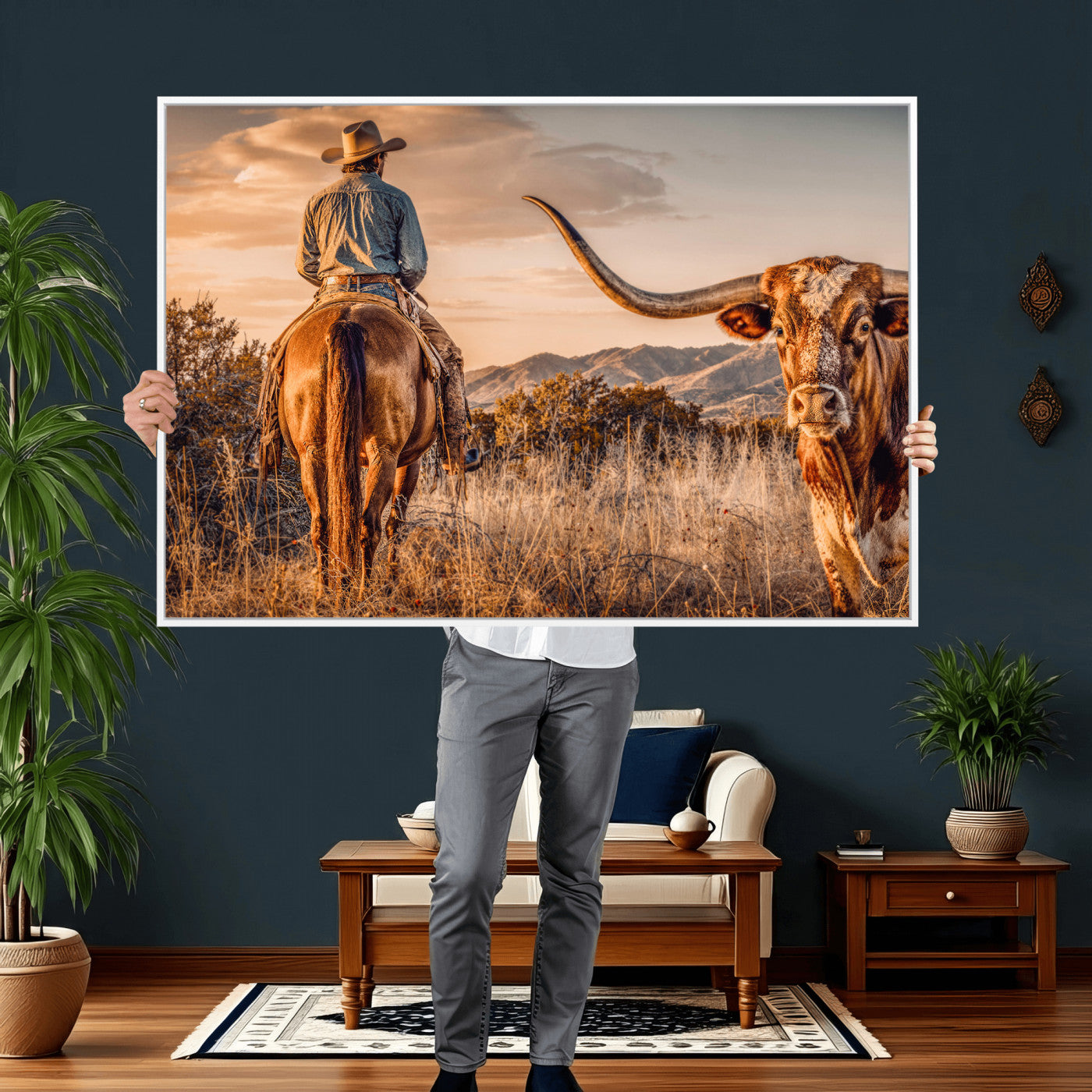 62076449C-MGV-CV-36X24 - Texas Cowboy and Longhorn Bull Print for Western Wall Art Decor for Farmhouse