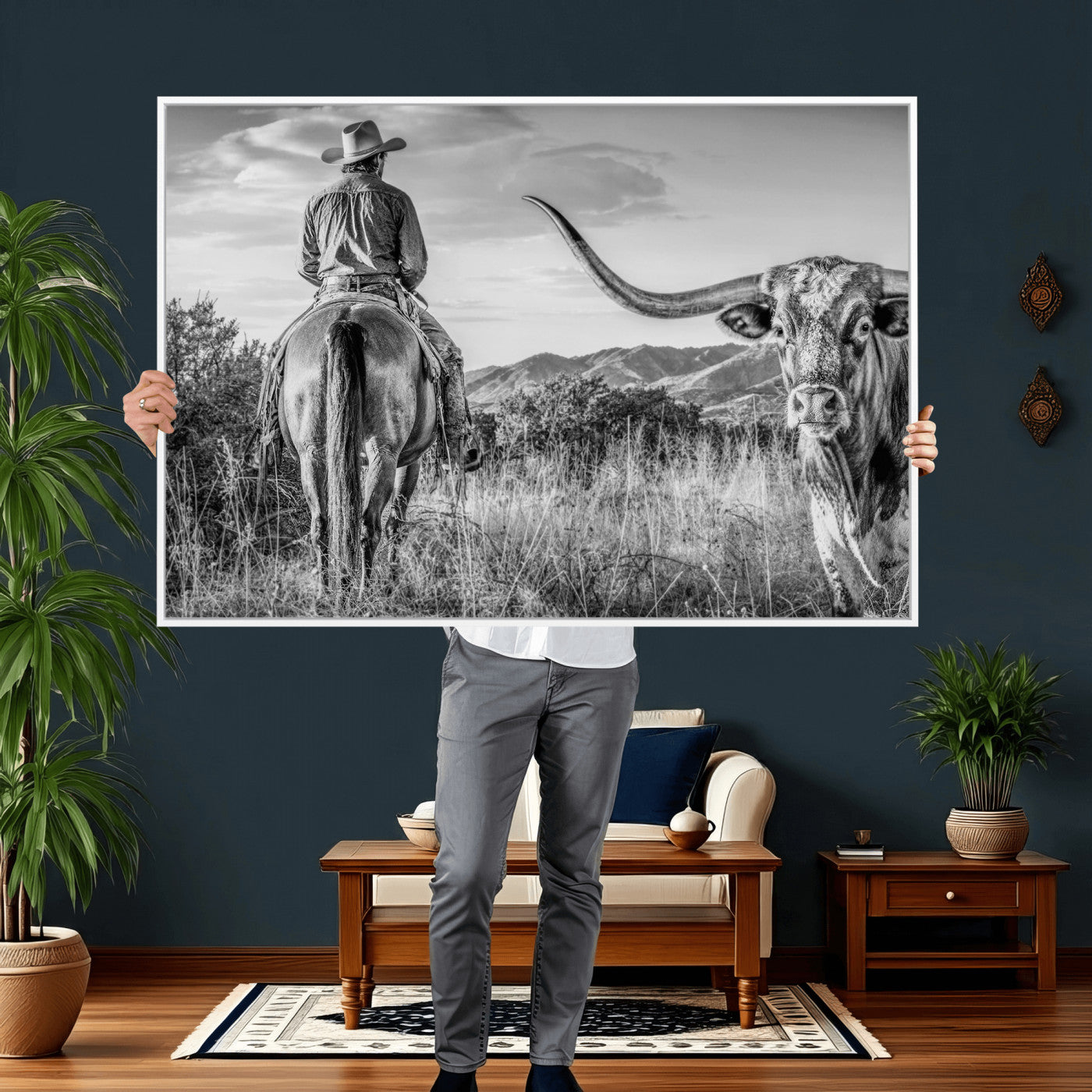 62076449WB-MGV-CV-36X24 - Texas Cowboy and Longhorn Bull Print for Western Wall Art Decor for Farmhouse