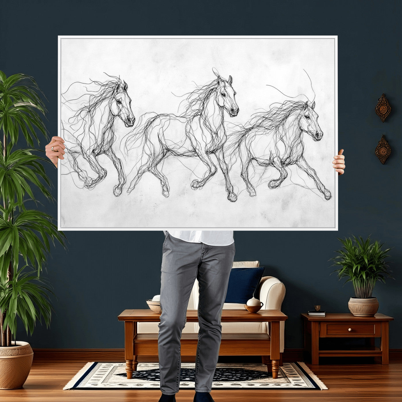 53600119-MGV-CV-36X24 - Monochrome Horse Canvas Wall Art, Black Ink Sketch Wild Horses Print, Minimalist Equestrian Artwork, Modern Abstract Line Decor, Urban Loft Gift
