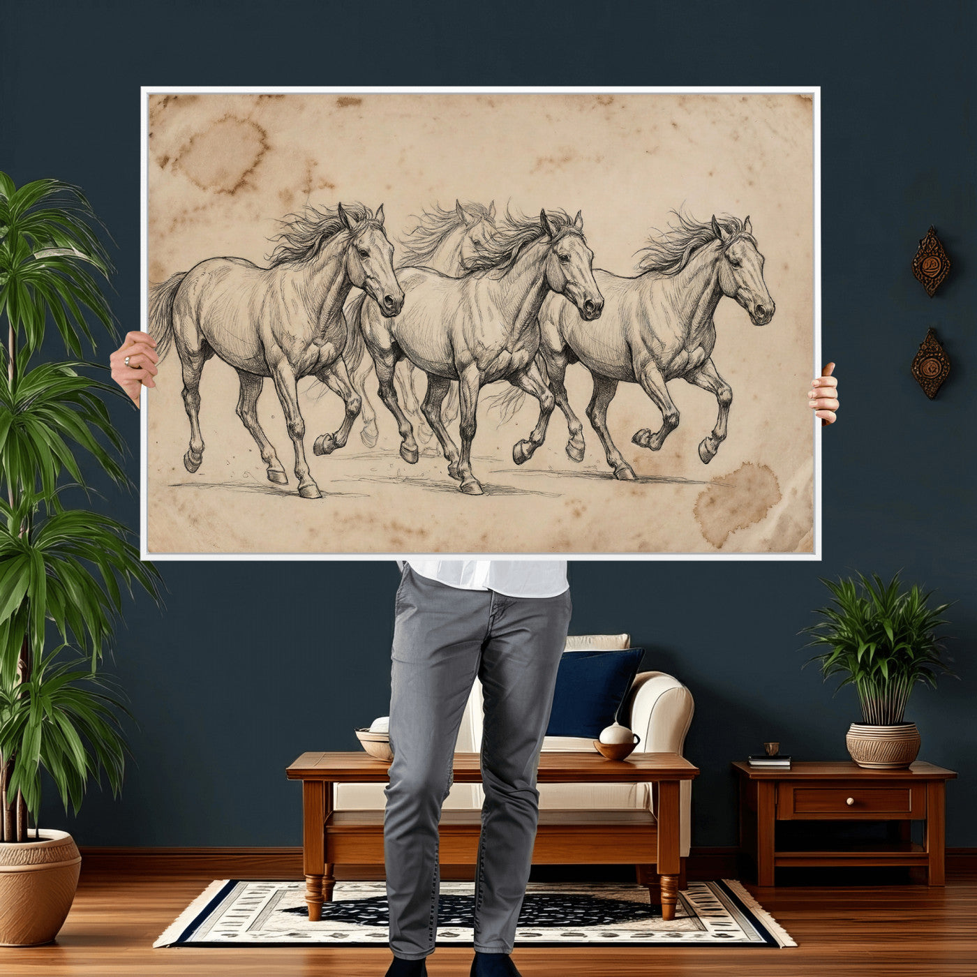 56046981-MGV-CV-36X24 - Sepia Wild Horses Canvas Art, Antique Pencil Drawing Print, Vintage Gallery Wall Decor, Rustic Equestrian Artwork, Traditional Den Gift